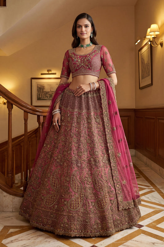 Wonderful Rani Pink Embroidered Wedding Wear Lehenga Choli with Net Dupatta