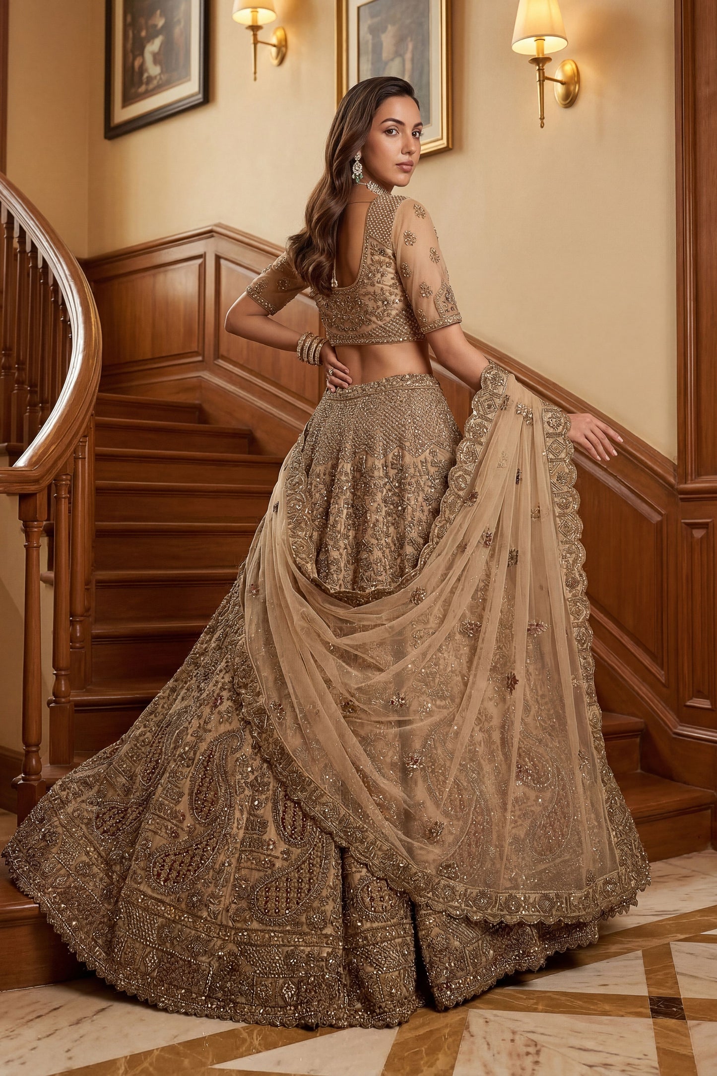 Stylish Beige Embroidered Wedding Wear Lehenga Choli with Net Dupatta