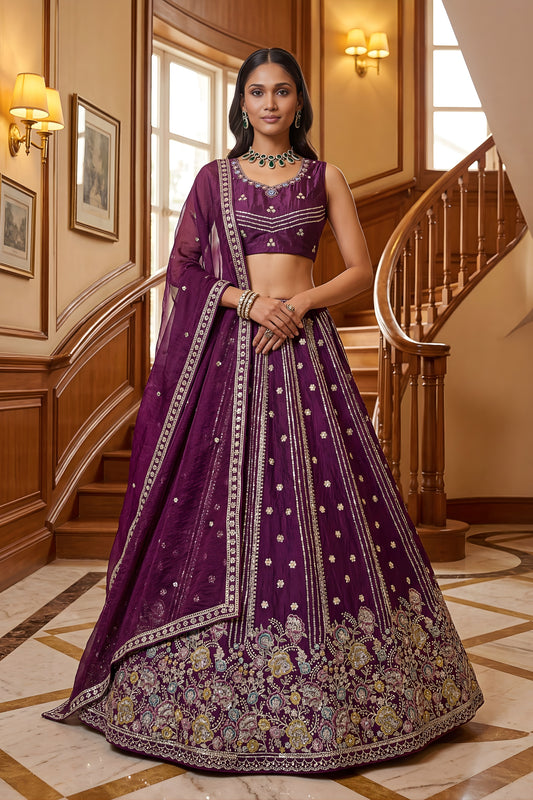 Stunning Purple Fendy Organza Silk Embroidered Wedding Wear Lehenga Choli with Dupatta