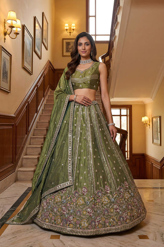 Wonderful Olive Green Fendy Organza Silk Embroidered Wedding Wear Lehenga Choli with Dupatta