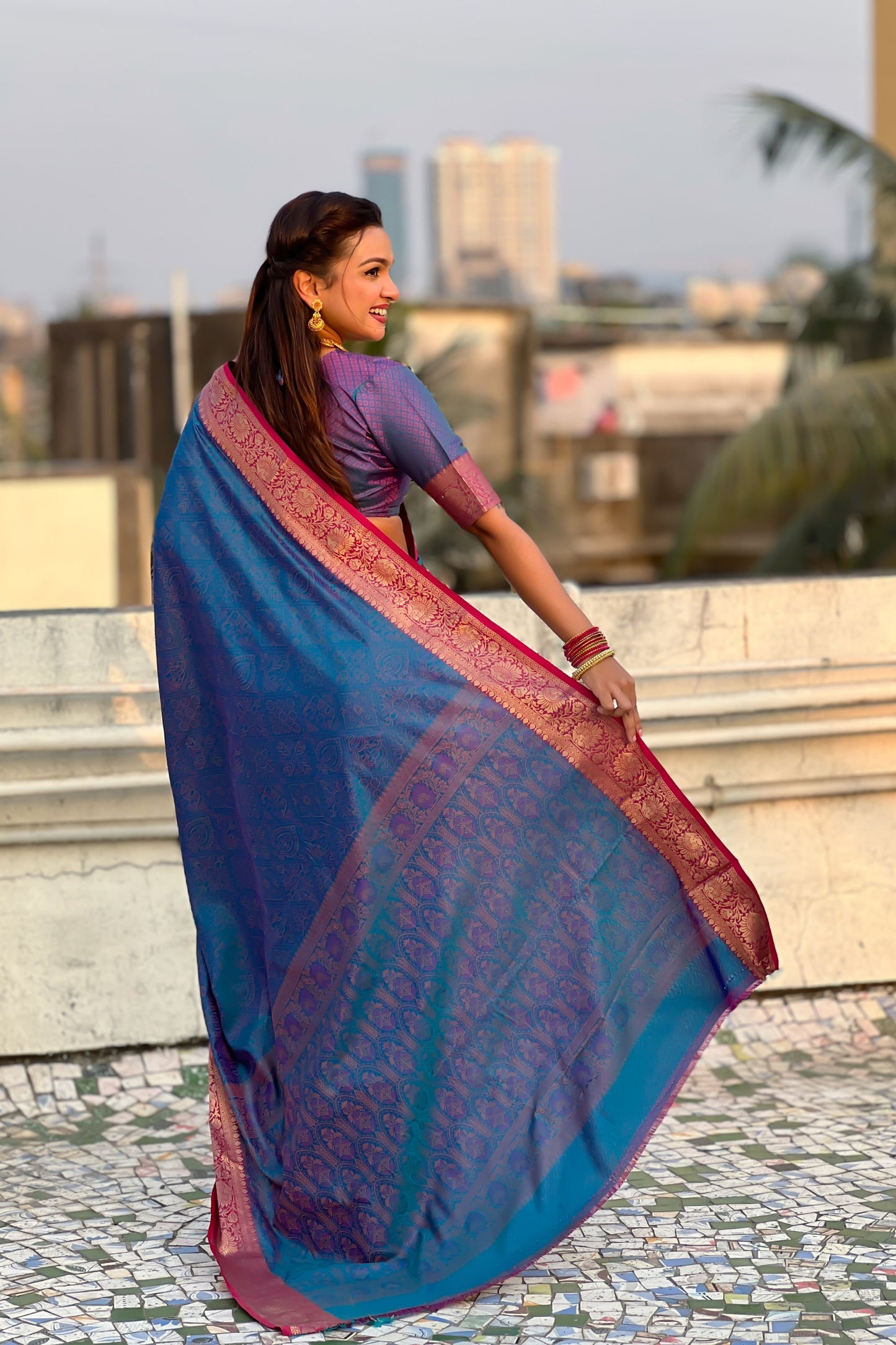 Royal Blue Silk Saree with Rich Pink Gold Zari Border Traditional Saree