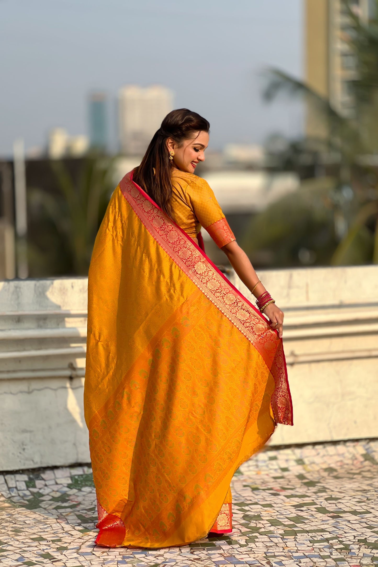Mustard Yellow Silk Saree Rich Red Zari Border Traditional Saree