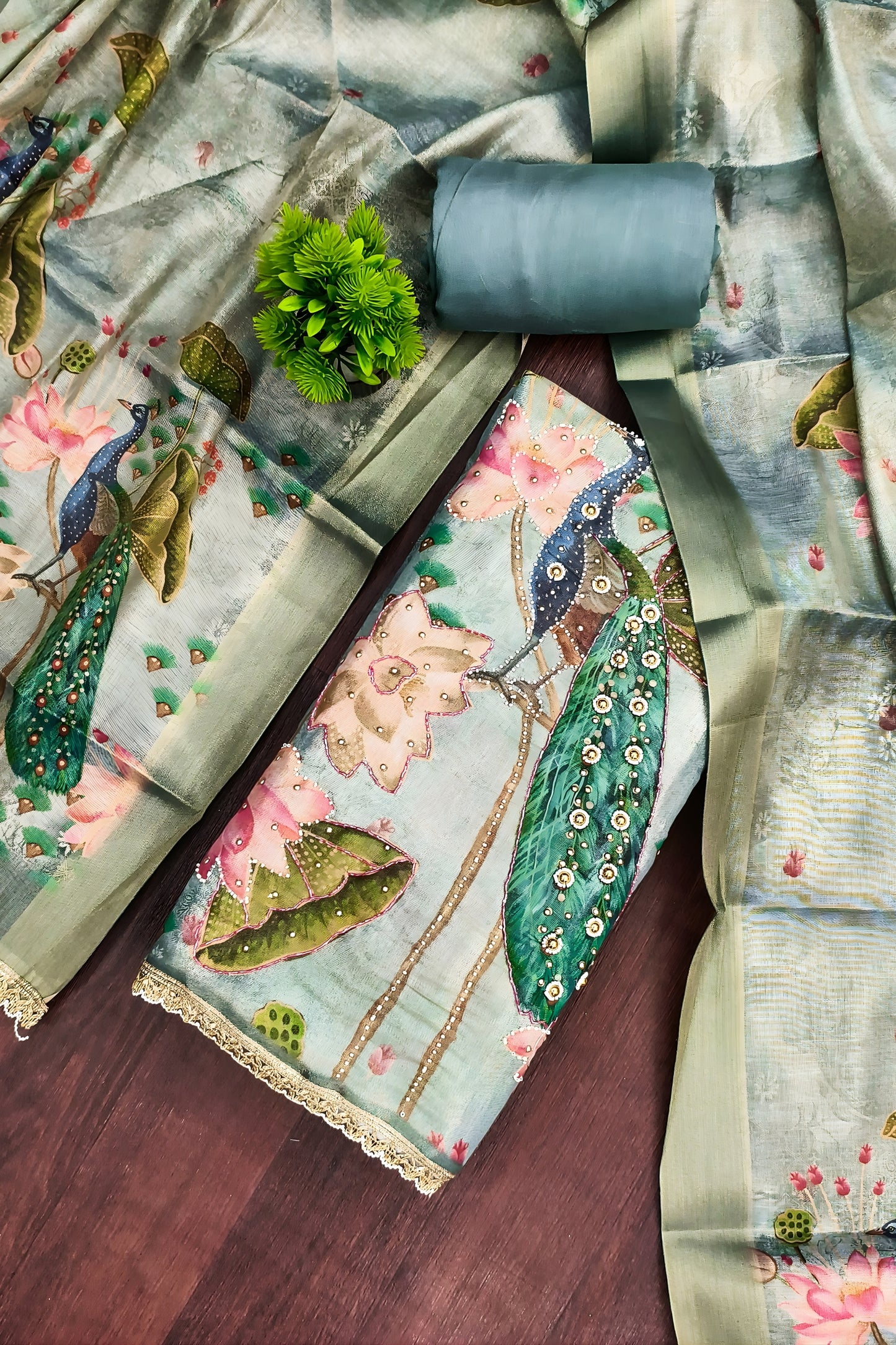 Trendy Sea Green Cotton Printed Semi-Stitched Straight Salwar Suit with Dupatta