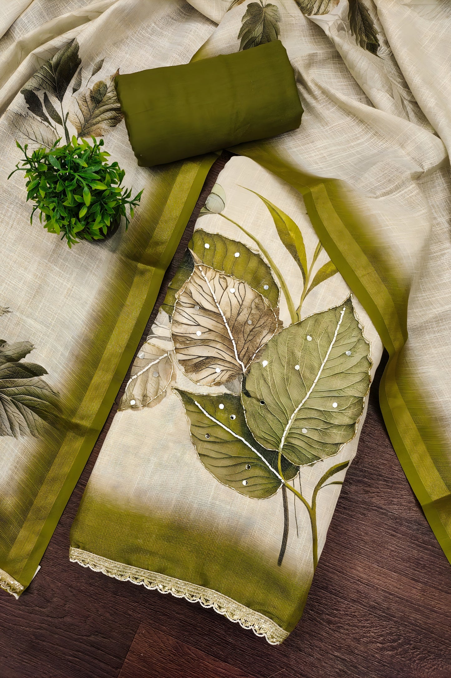Superb Off-White Cotton Printed Semi-Stitched Straight Salwar Suit with Olive Green Dupatta