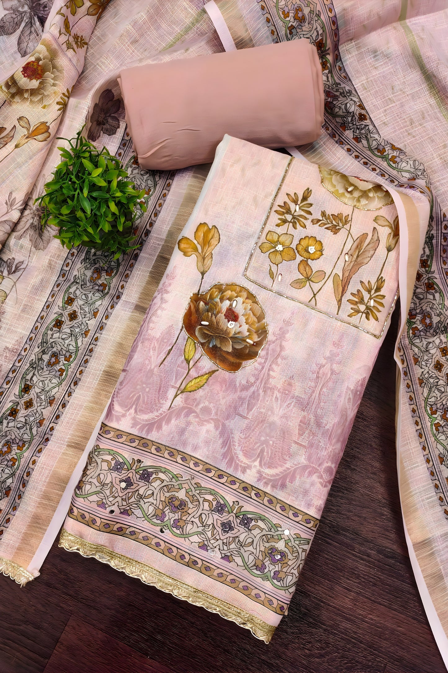 Lovely Baby Pink Cotton Printed Semi-Stitched Straight Salwar Suit with Dupatta