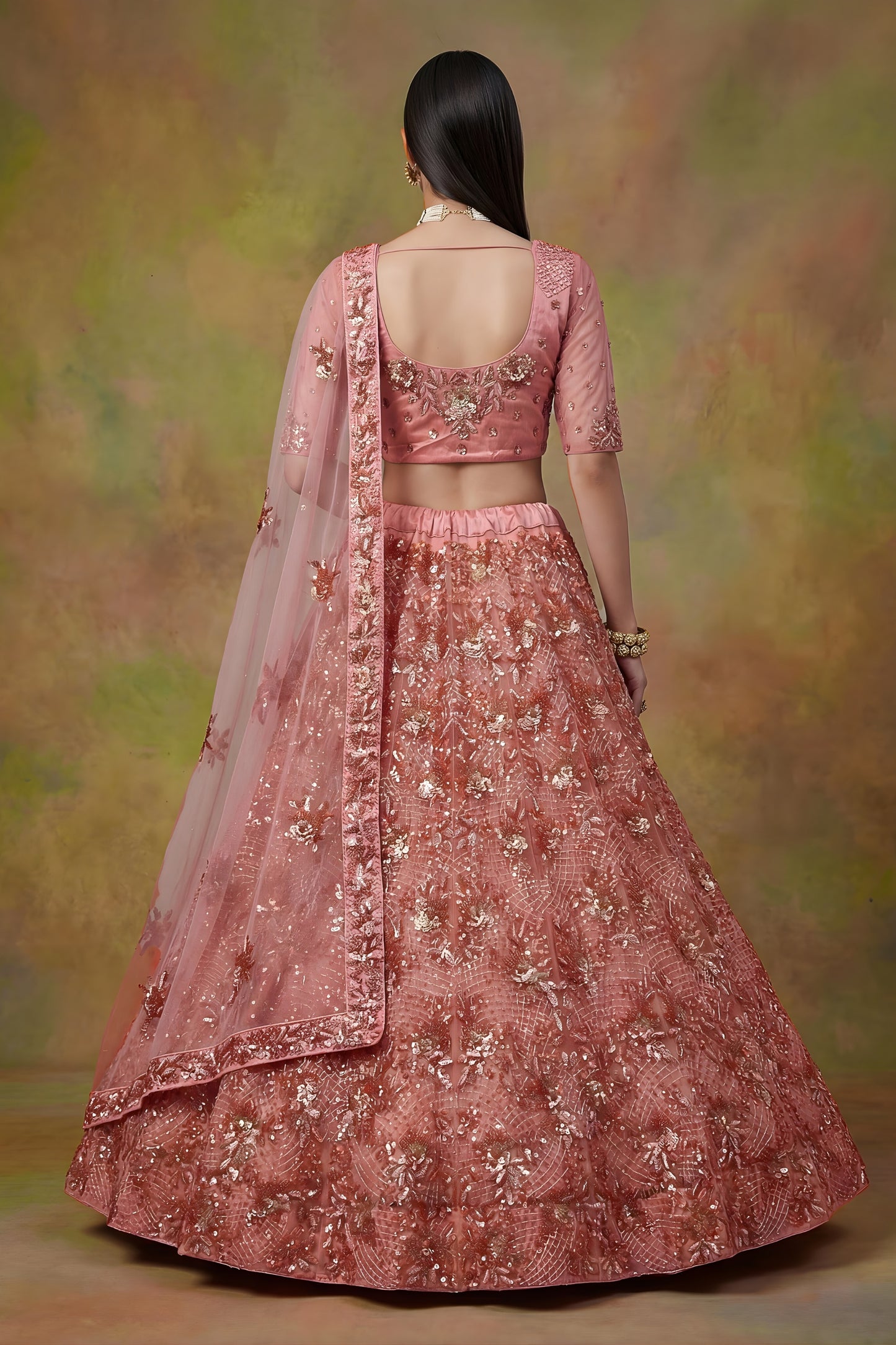 Amazing Peach Net Embroidered Bridal Lehenga Choli with Soft Net Dupatta