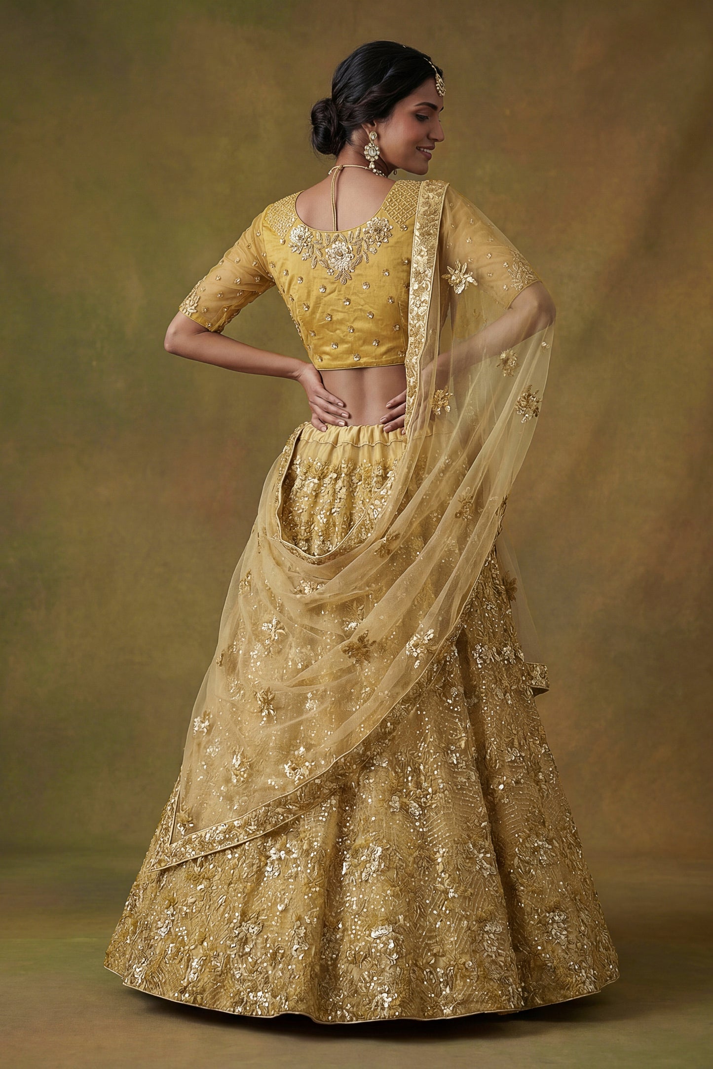 Fancy Golden Net Embroidered Bridal Lehenga Choli with Soft Net Dupatta