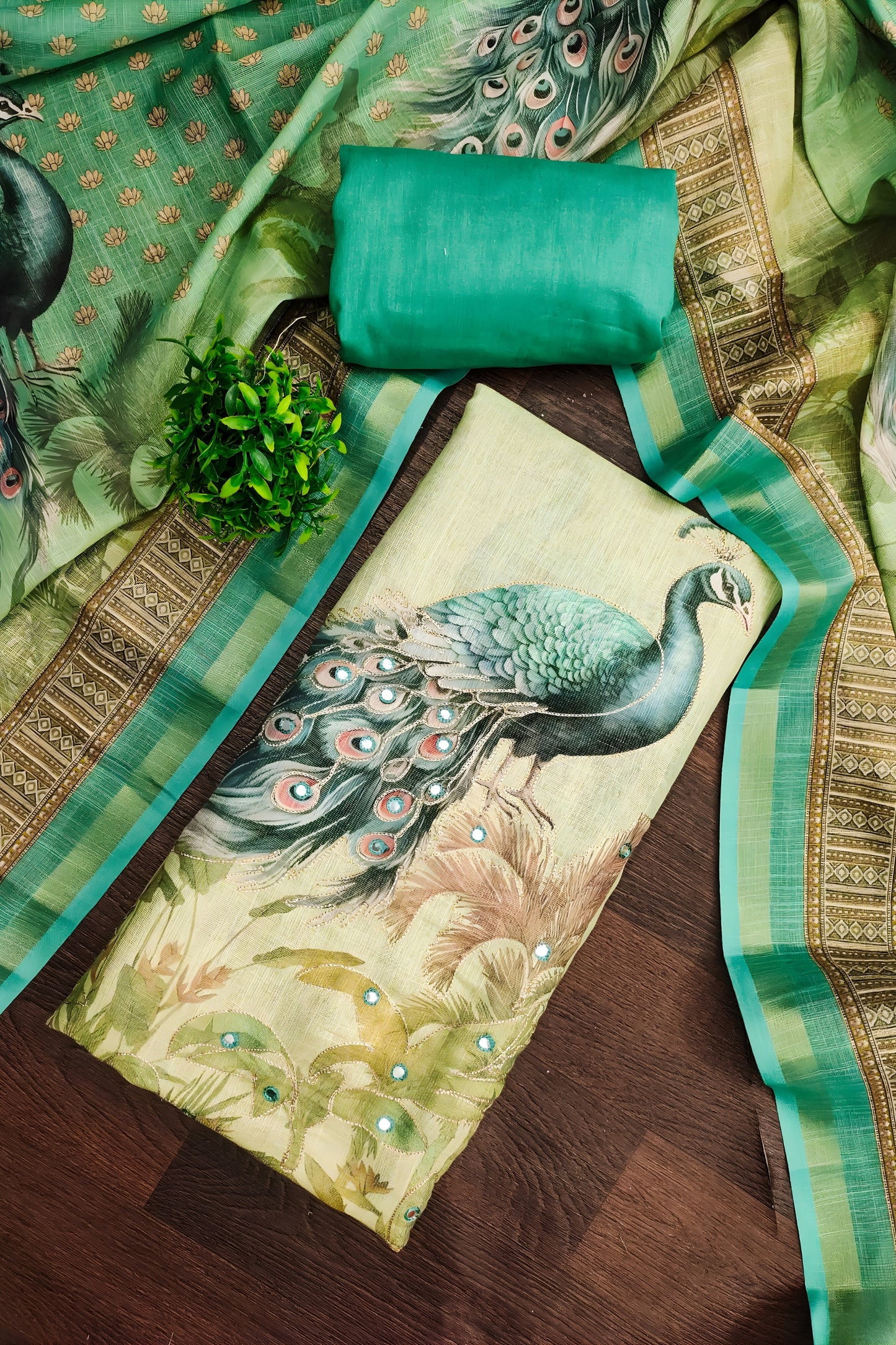 Graceful Pista Green Linen Cotton Printed Semi-Stitched Straight Salwar Suit with Dupatta