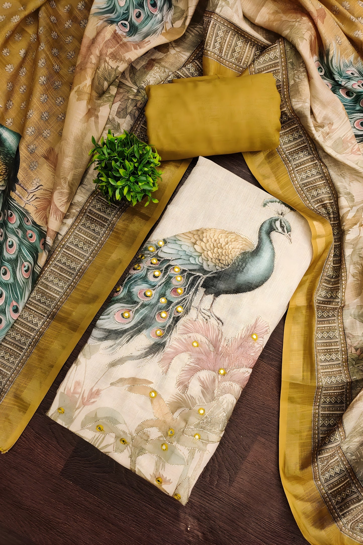 Chic Off-White Linen Cotton Printed Semi-Stitched Straight Salwar Suit with Mustard Dupatta