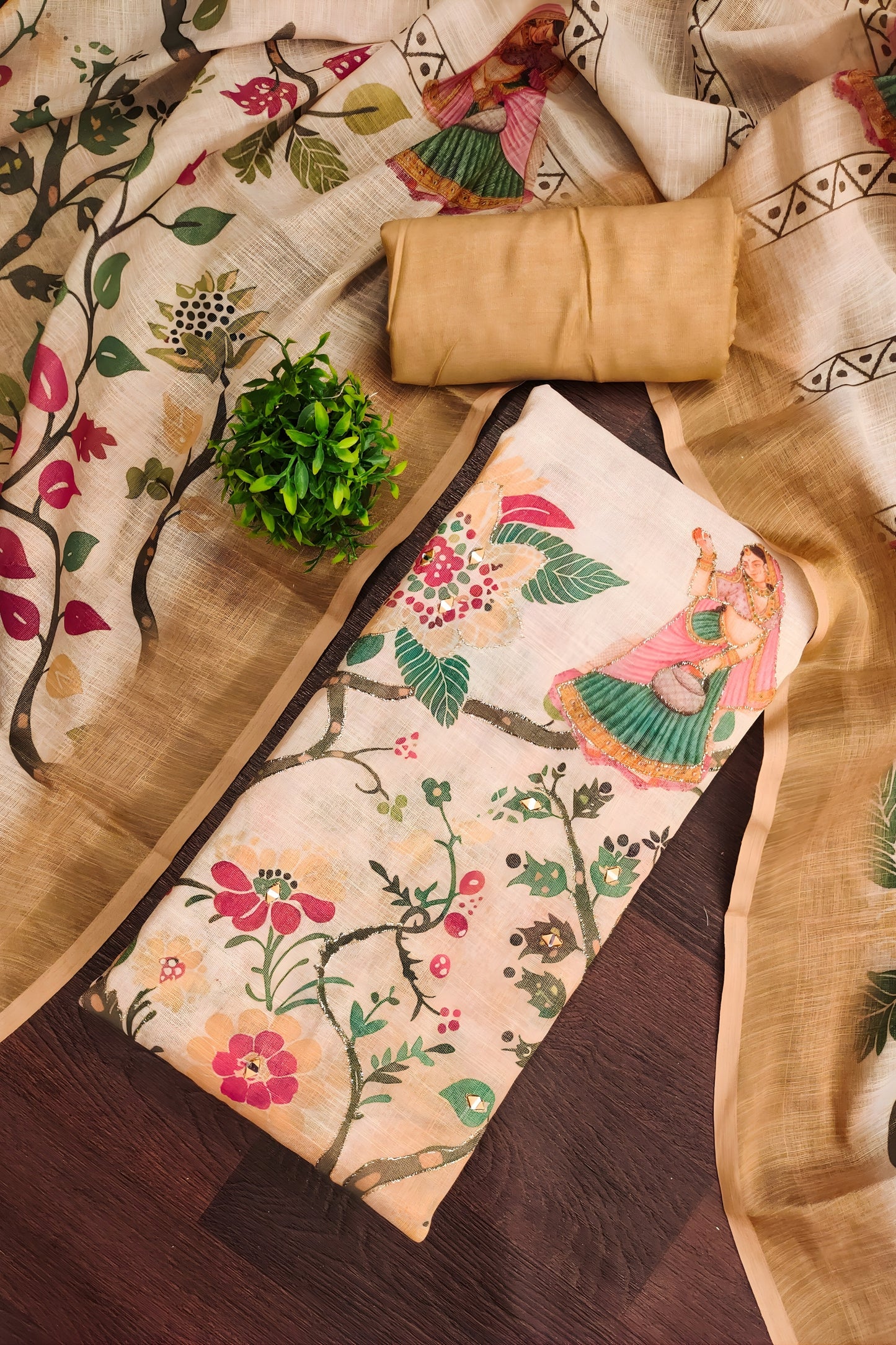 Lovely Peach Linen Cotton Floral Printed Semi-Stitched Straight Salwar Suit with Dupatta