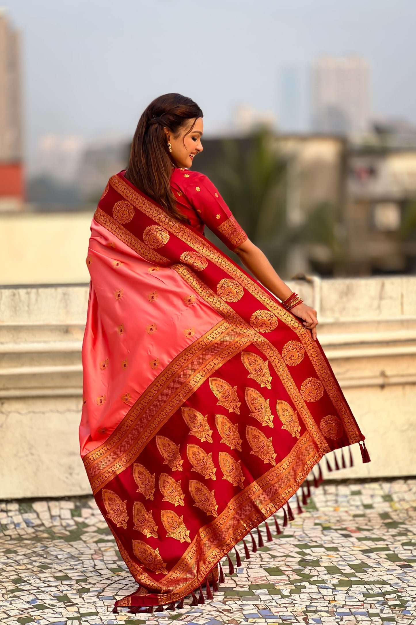 Pink Red Banarasi Silk Saree with Rich Golden Zari Border