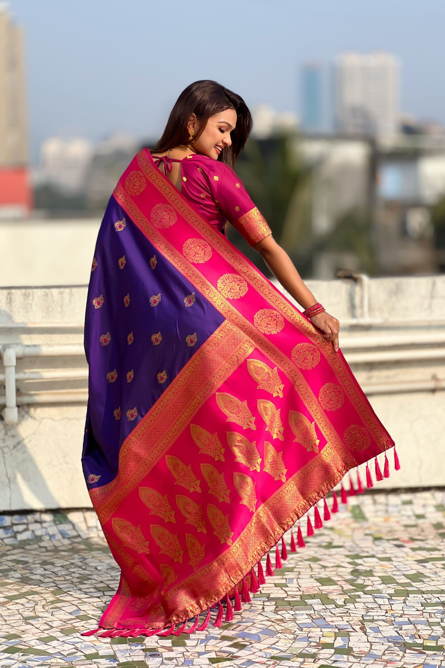 Royal Purple Rani Pink Banarasi Silk Saree with Rich Gold Zari Border
