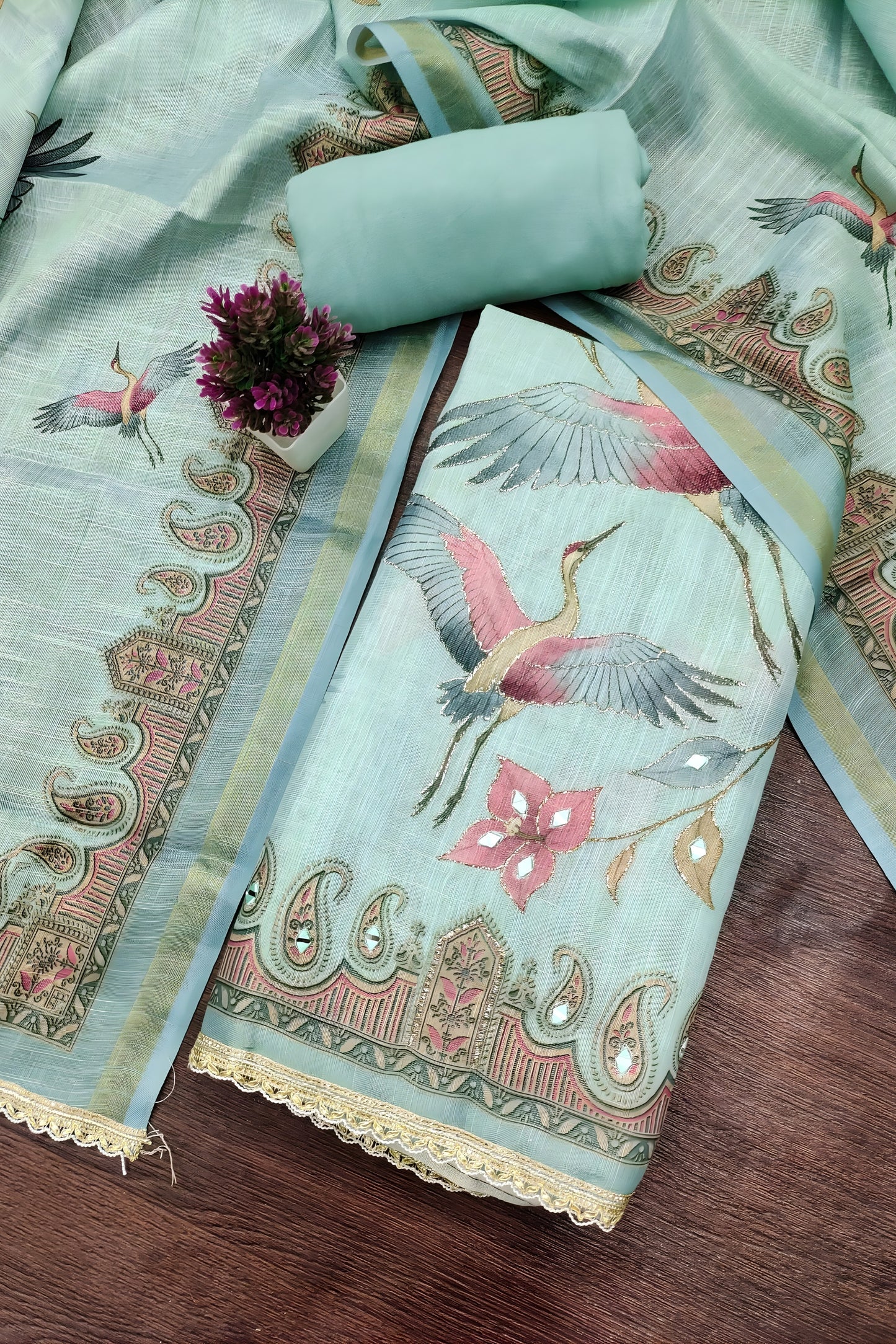 Fresh Mint Green Linen Cotton Printed Semi-Stitched Straight Salwar Suit with Dupatta