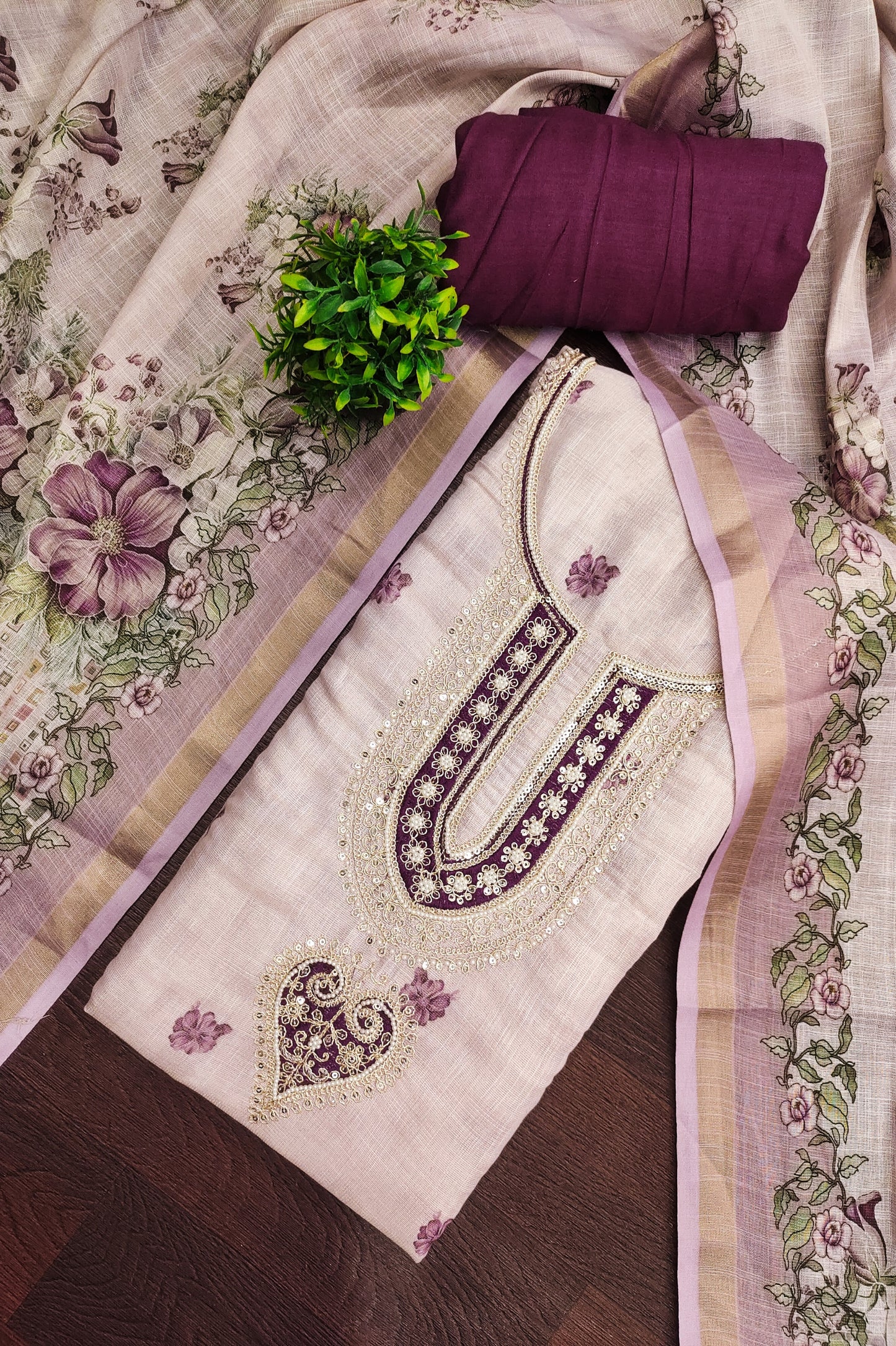 Amazing Off White Linen Cotton Floral Printed Semi-Stitched Straight Salwar Suit with Dupatta