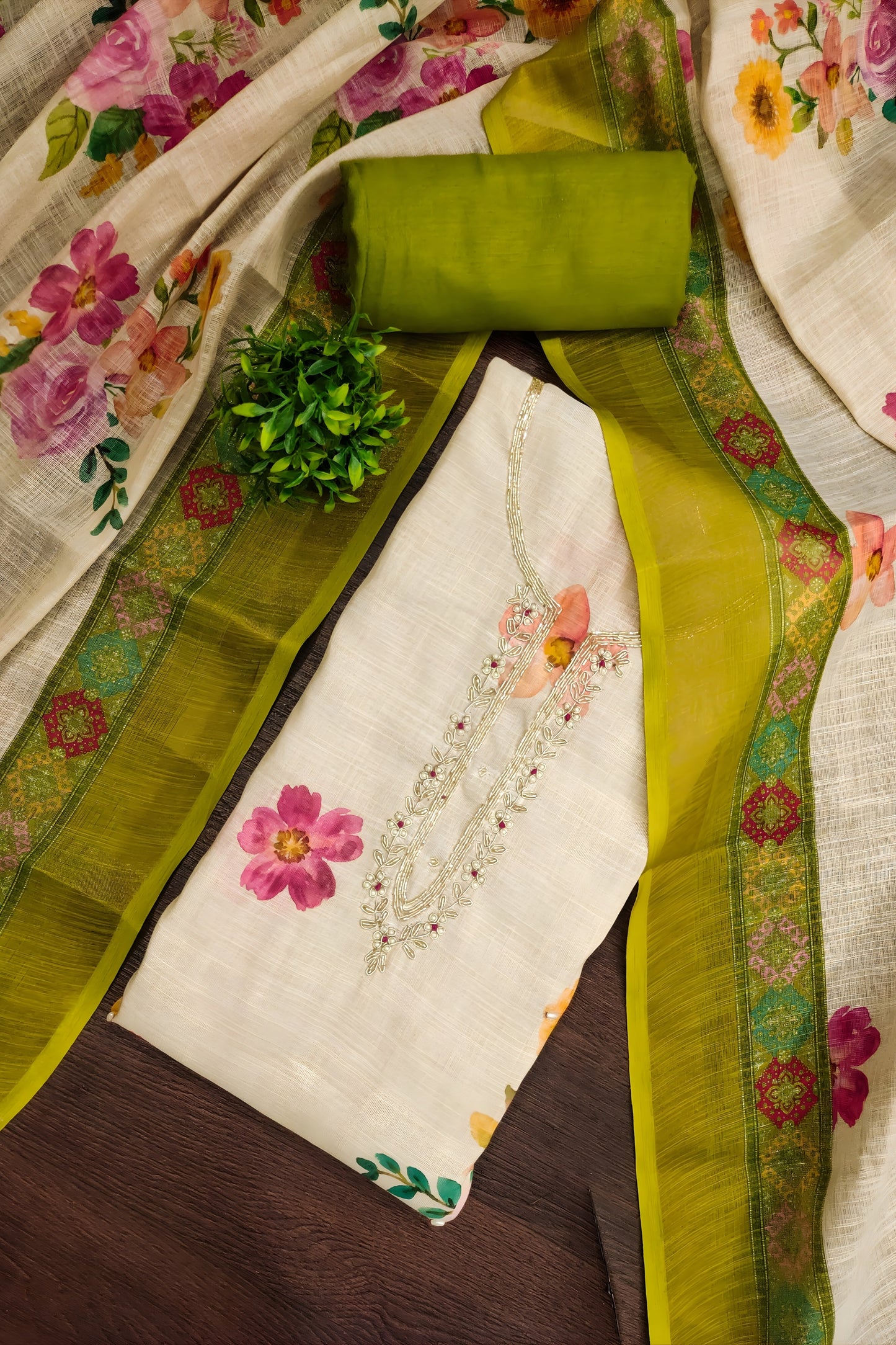 Admiring Off White Linen Cotton Floral Printed Semi-Stitched Straight Salwar Suit with Dupatta