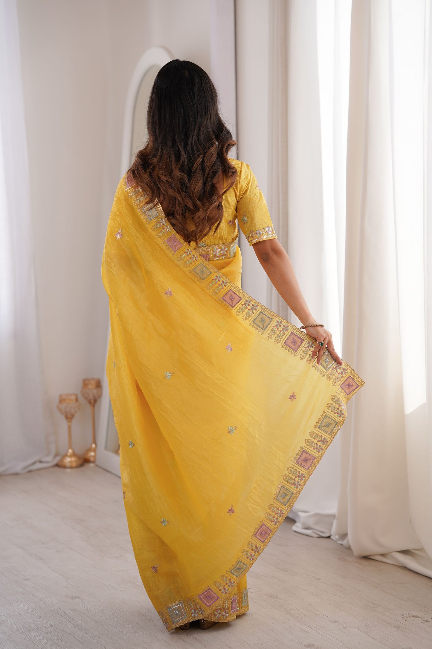 Bright Yellow Embroidered Saree Soft Wear Saree with Elegant Border