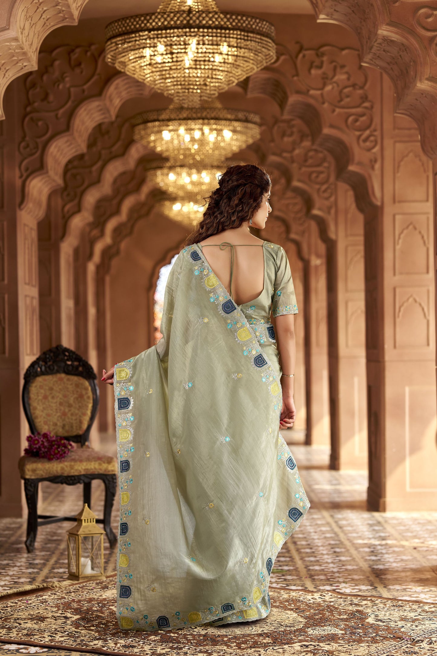 Olive Green Organza Saree Multicolor Embroidered Border