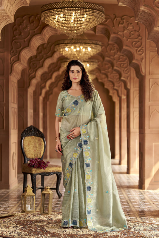 Olive Green Organza Saree Multicolor Embroidered Border