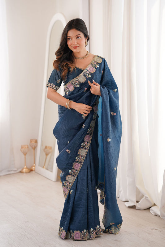 Elegant Navy Blue Organza Saree Multicolor Embroidered Border