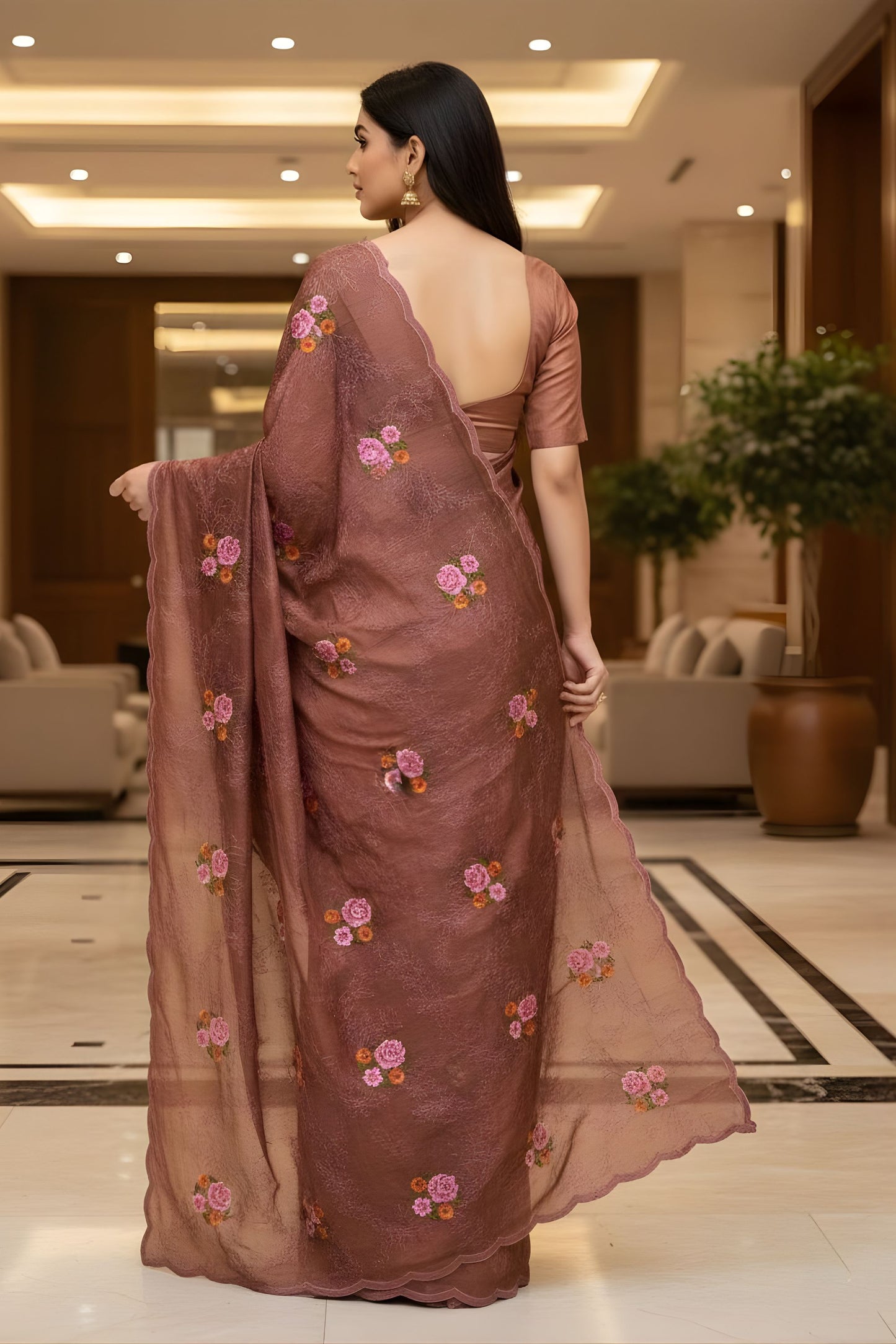 Coffee Brown Floral Embroidered Saree Designer Saree