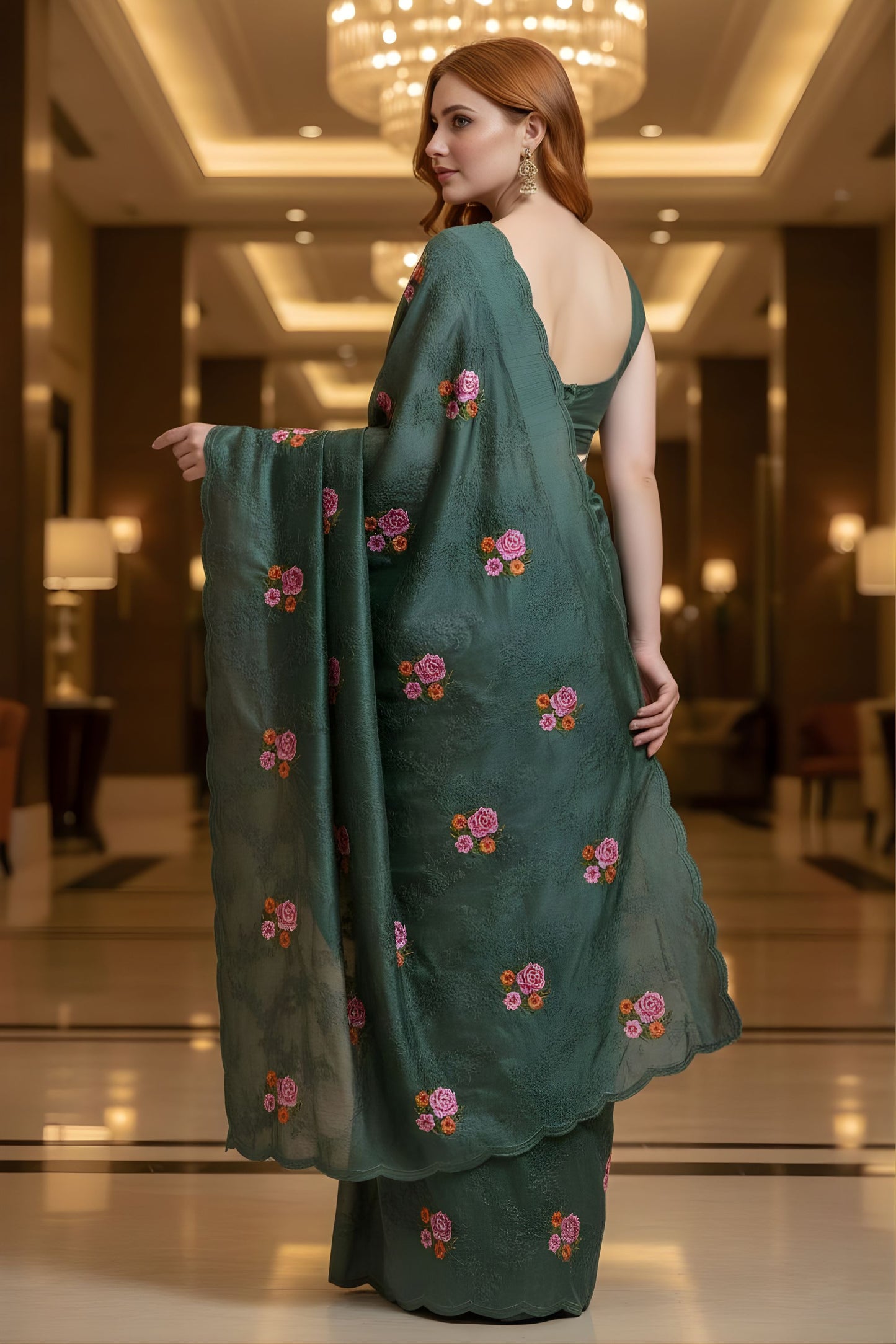 Dark Green Floral Embroidered Saree Designer Saree