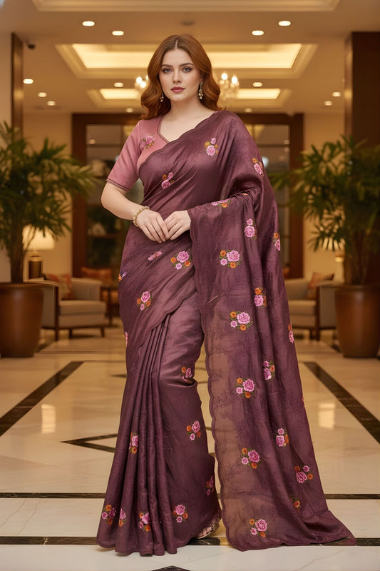 Wine Purple Floral Embroidered Saree Designer Saree