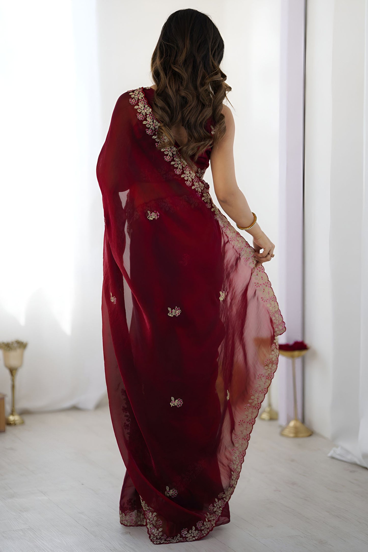 Maroon Embroidered Saree Designer Border Festive Wear