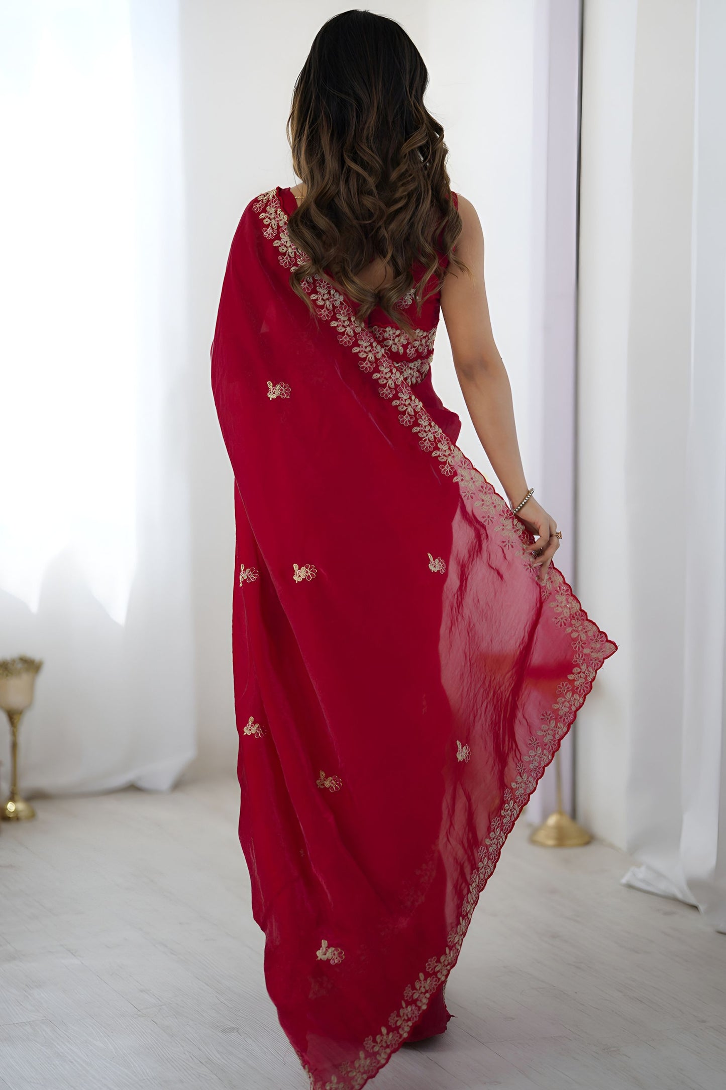 Red Georgette Saree Gold Embroidered Border Designer Saree
