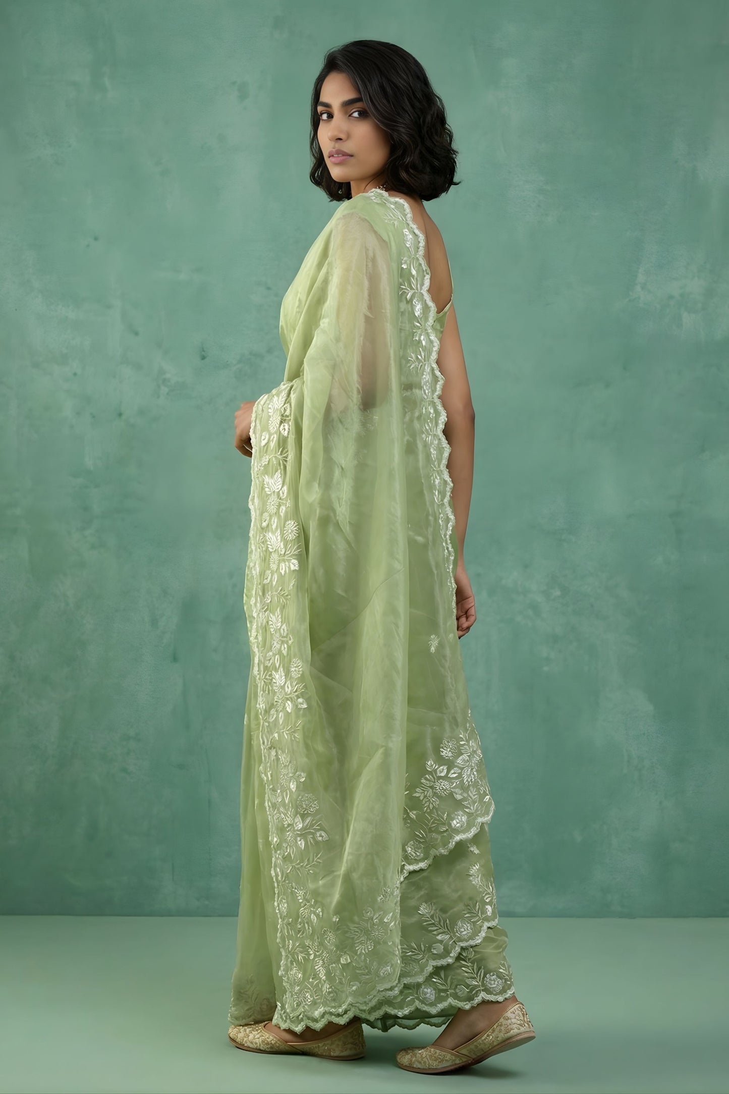 Pista Green Organza Saree White Floral Embroidered Border Designer Blouse