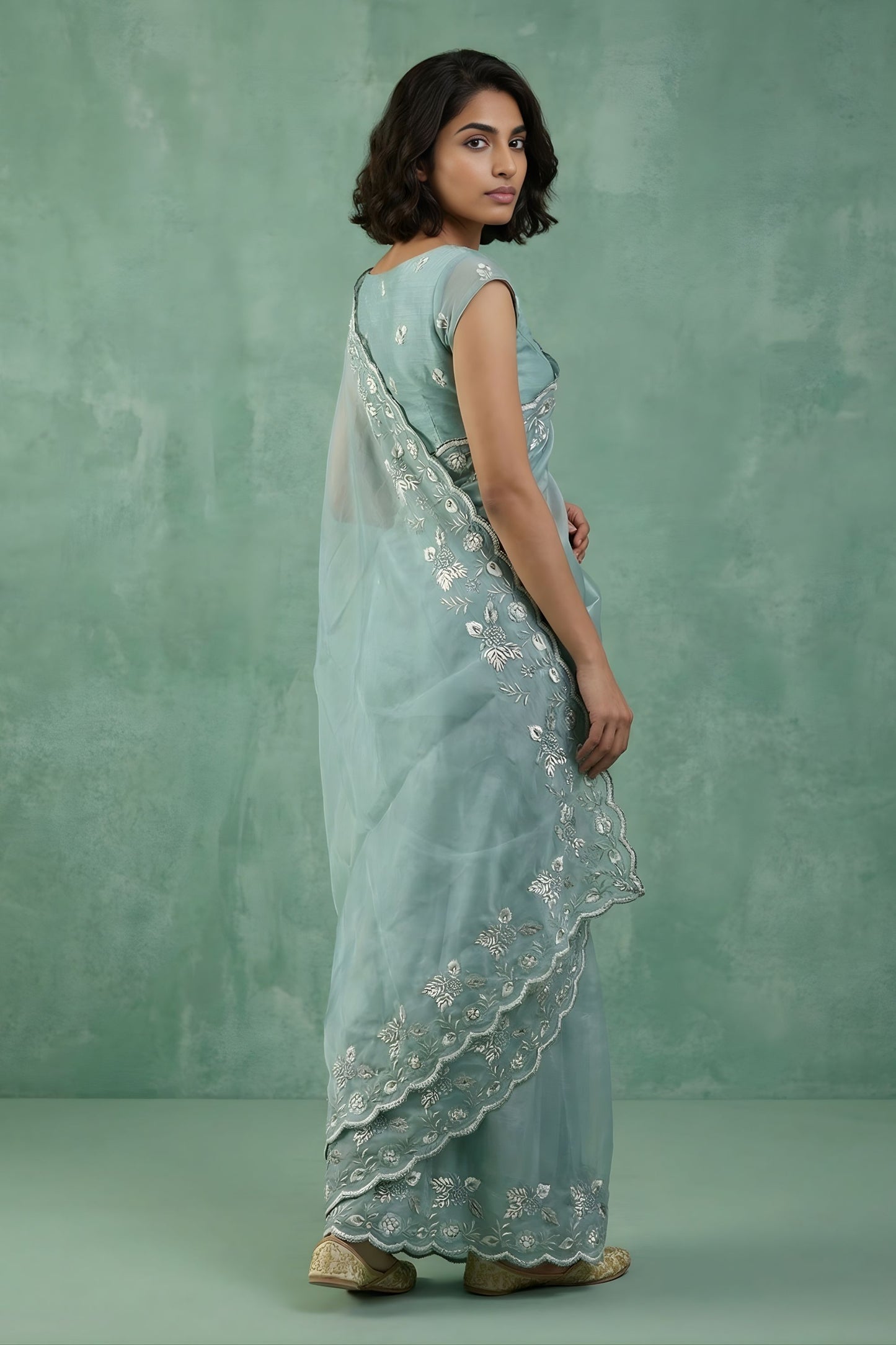 Pastel Blue Organza Saree White Floral Embroidered Border Designer Blouse