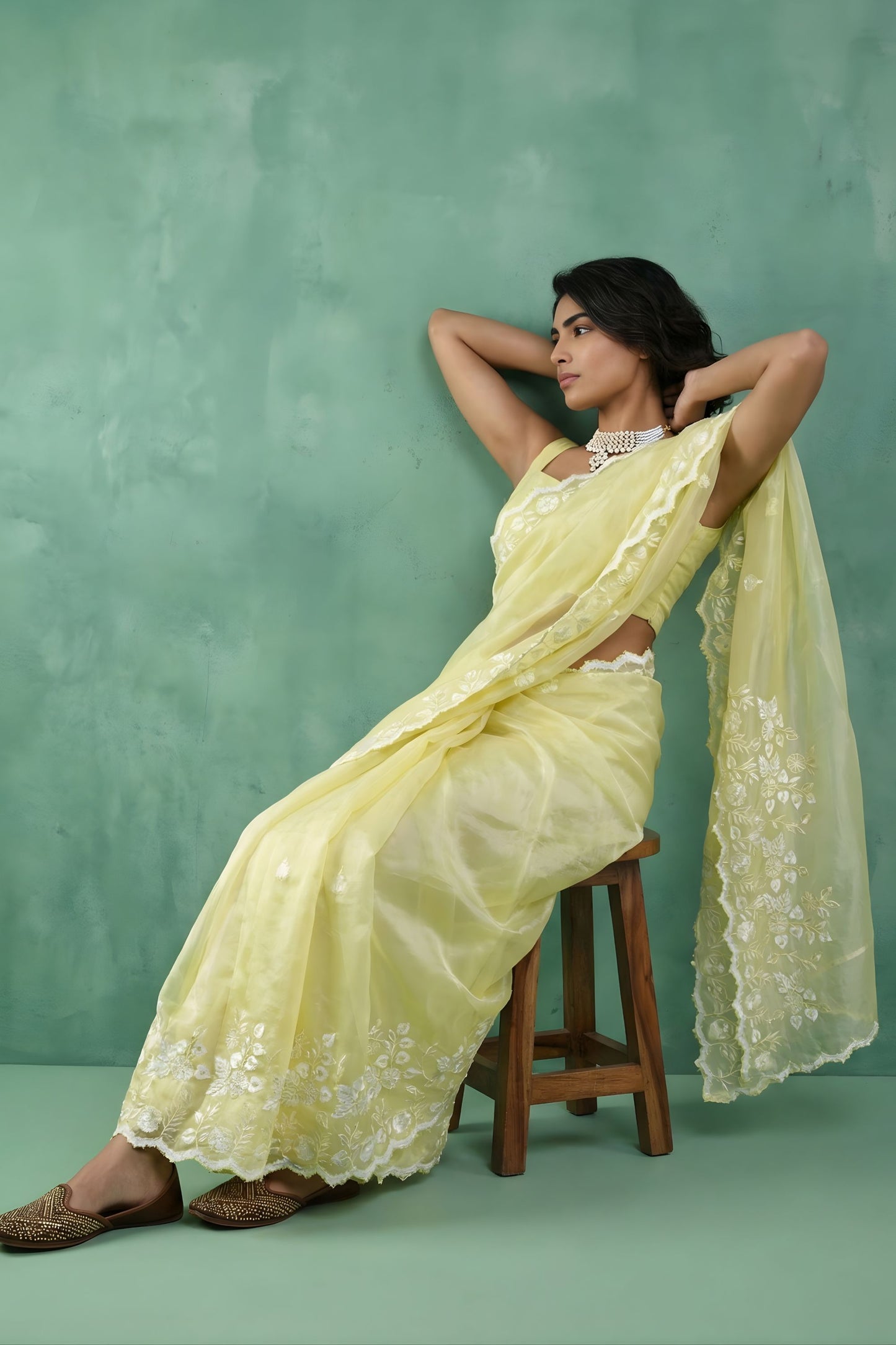 Lemon Yellow Organza Saree White Floral Embroidered Border Designer Blouse