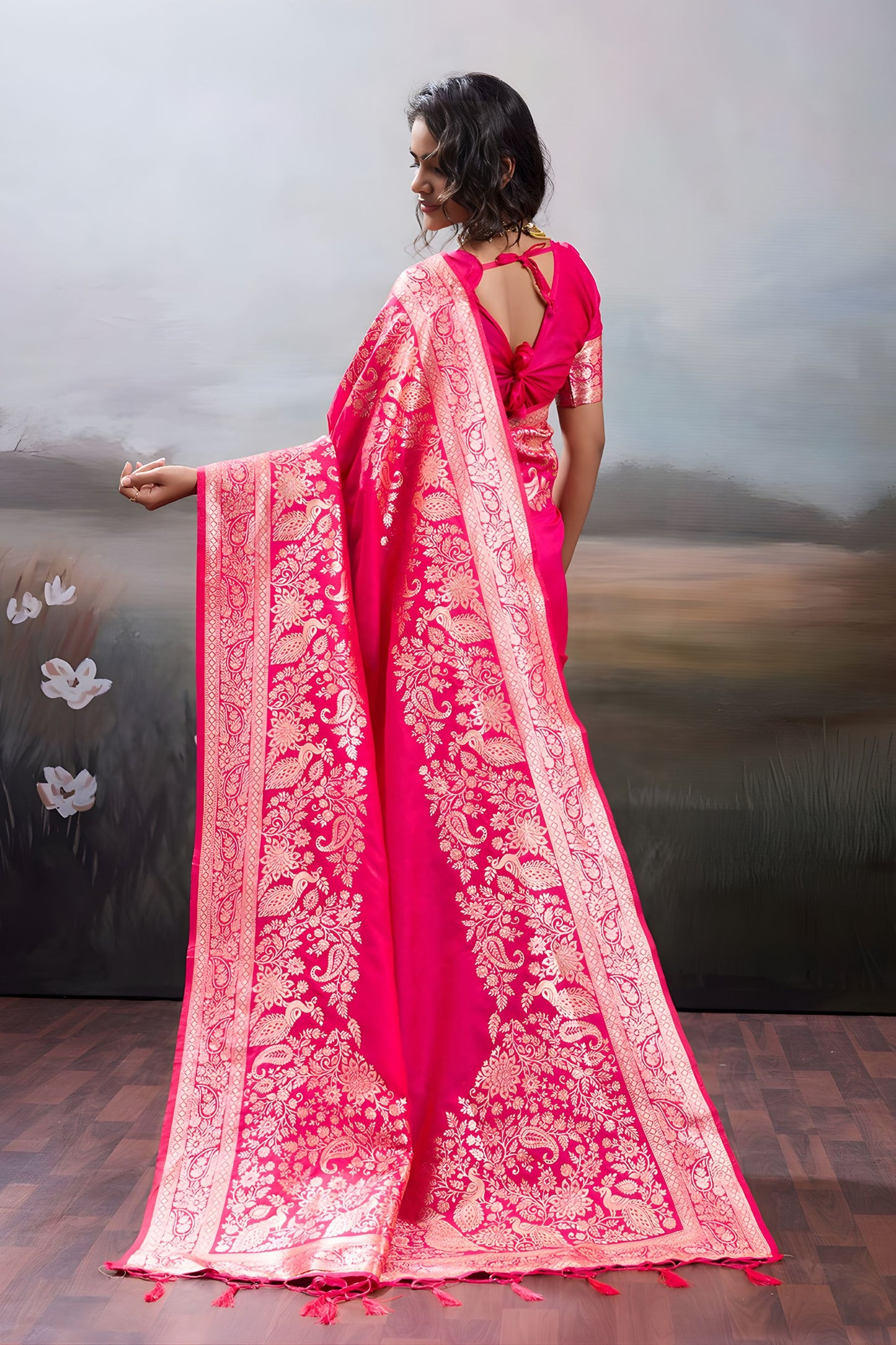 Rani Pink Banarasi Silk Saree Rich Zari Woven Border Designer Blouse