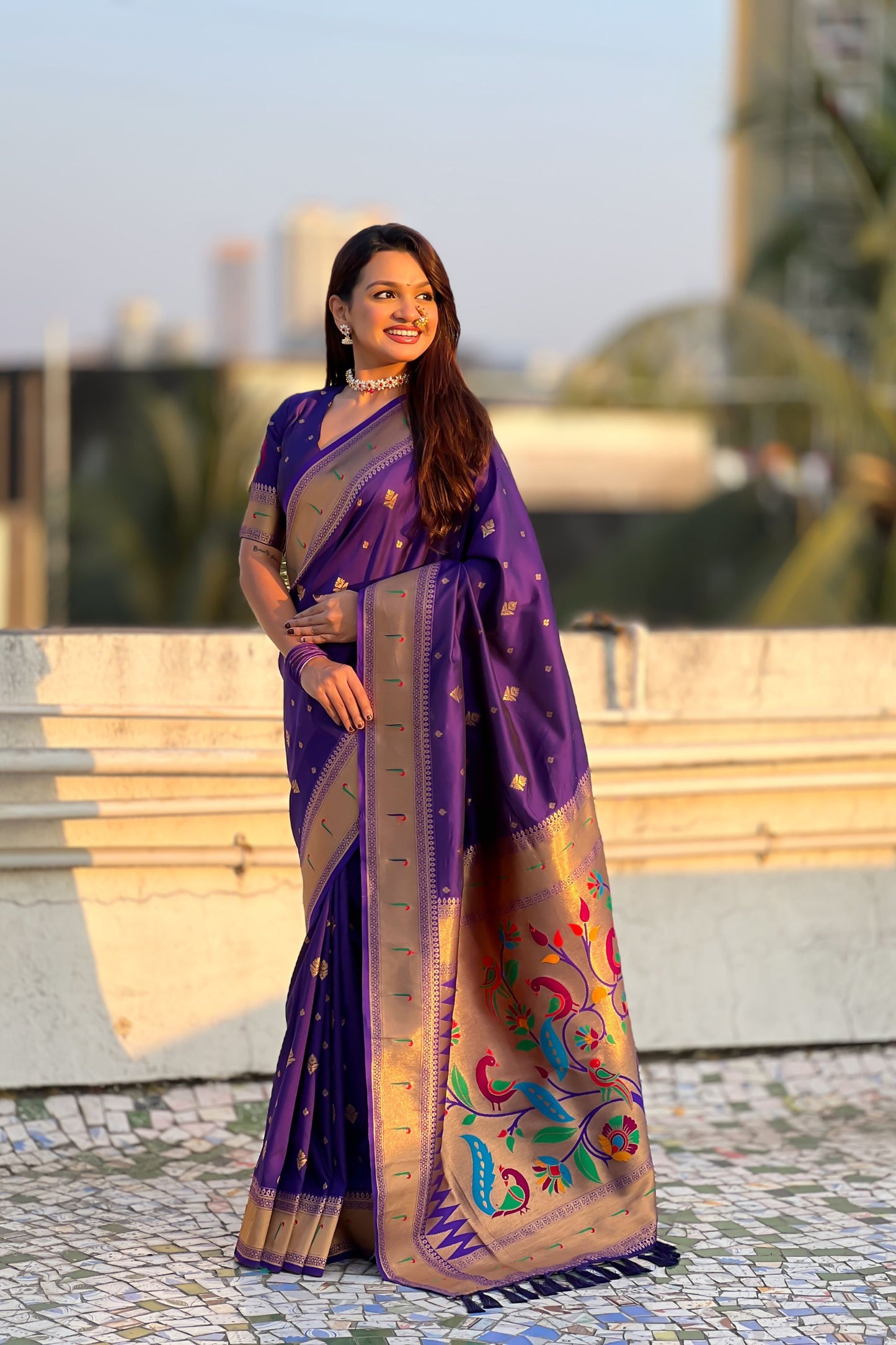 Royal Purple Paithani Silk Saree Rich Gold Zari Border Multicolor Peacock Pallu