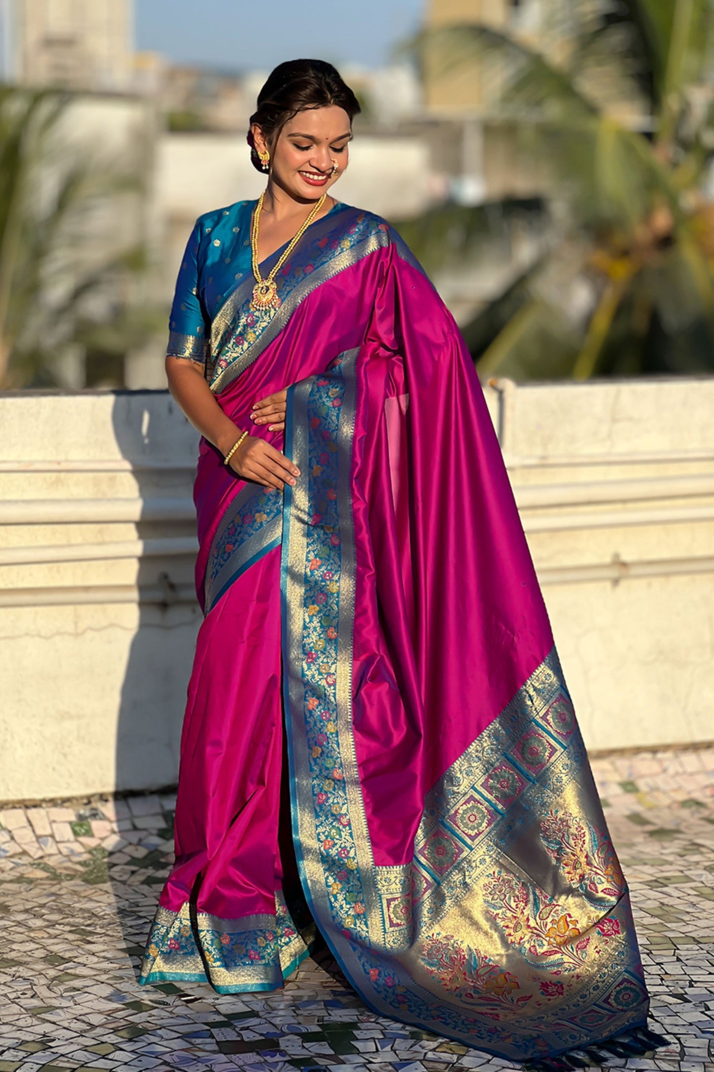 Hot Pink Paithani Silk Saree Border Rich Gold Zari Peacock Pallu