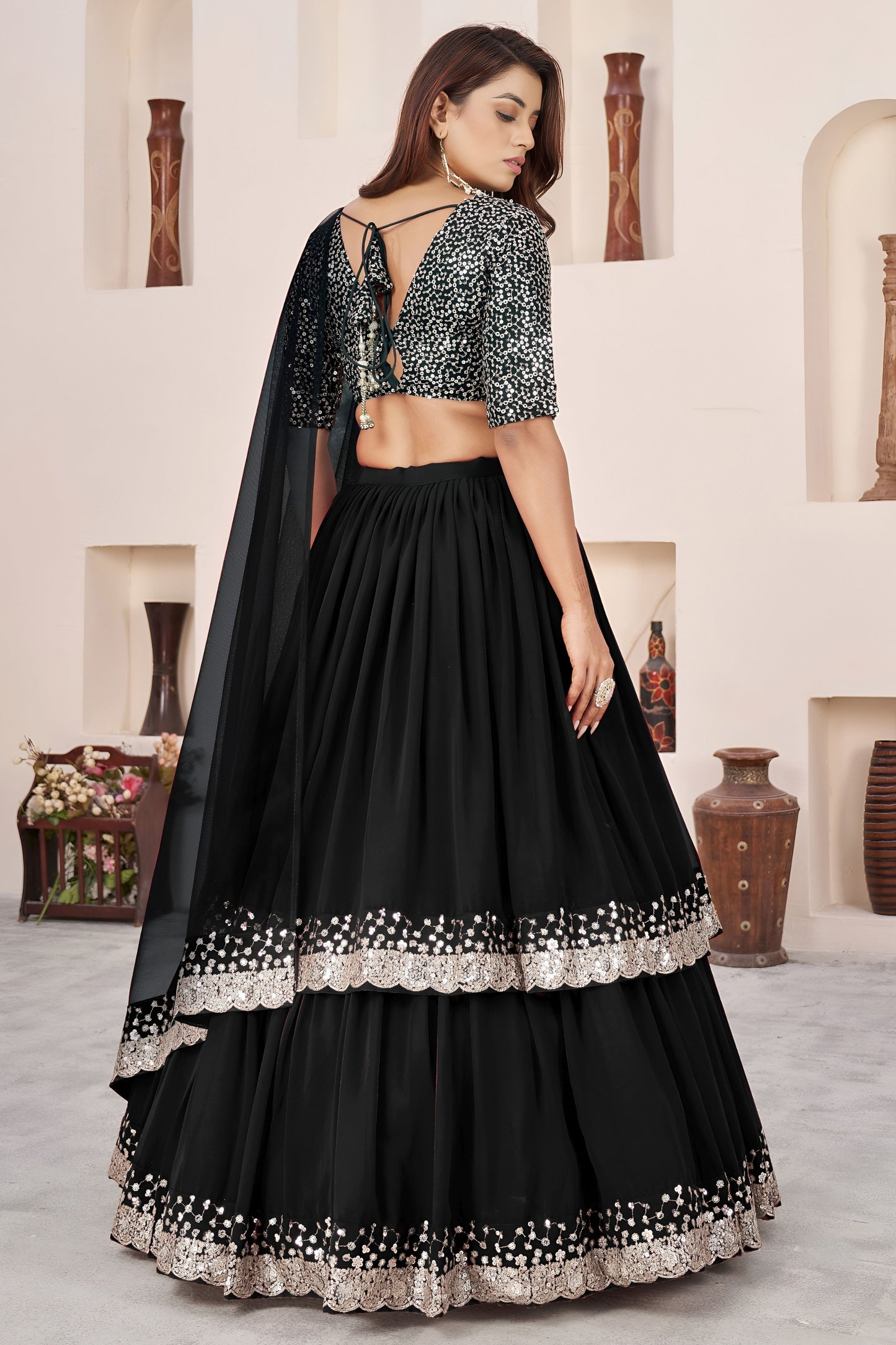 Elegant Black Embroidered Georgette Lehenga Choli with Soft Net Dupatta