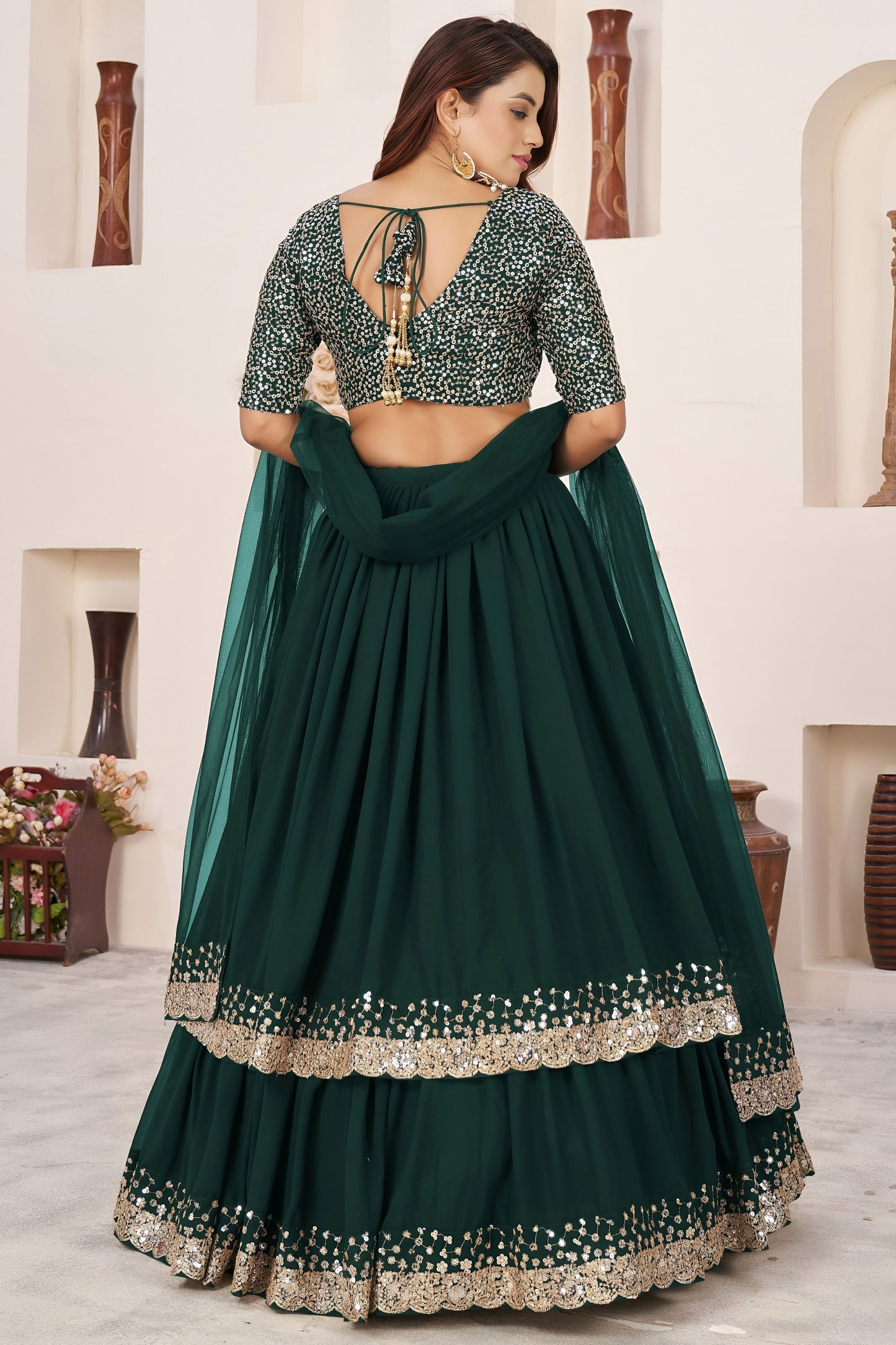 Stylish Rama Green Embroidered Georgette Lehenga Choli with Soft Net Dupatta