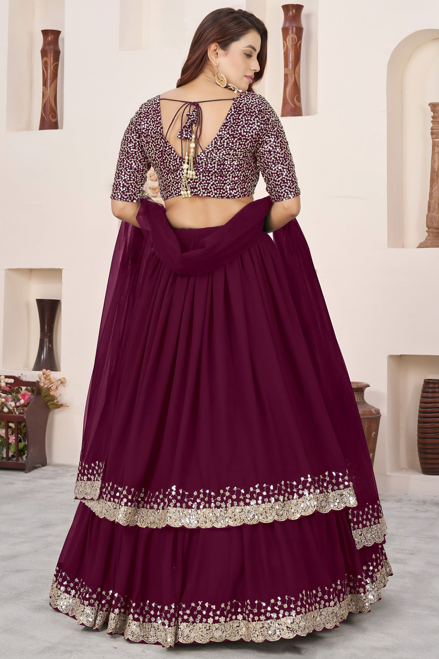 Superb Maroon Embroidered Georgette Lehenga Choli with Soft Net Dupatta