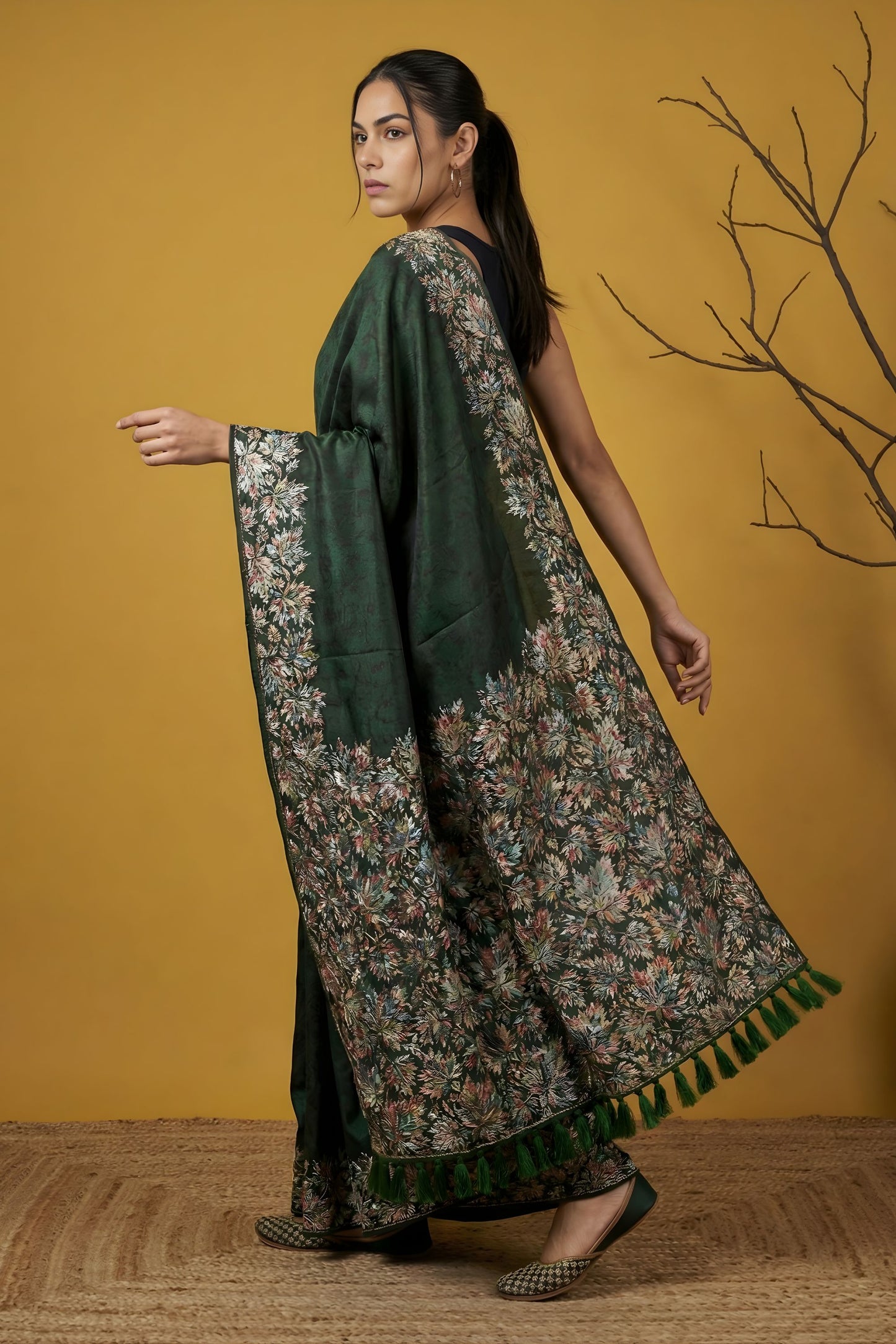 Dark Green Silk Saree loral Print Border Designer Saree
