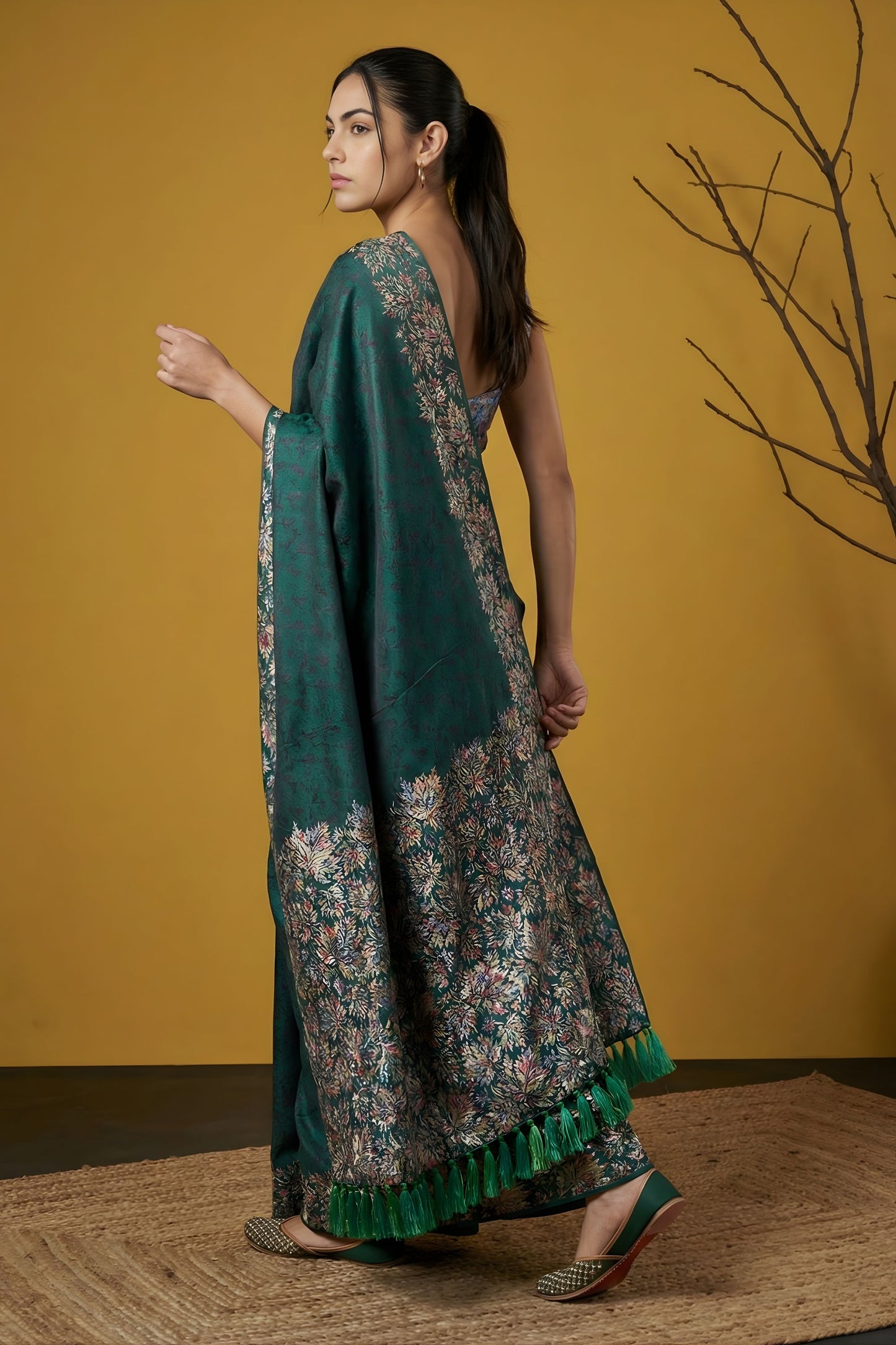 Bottle Green Silk Saree Floral Printed Border Designer Saree