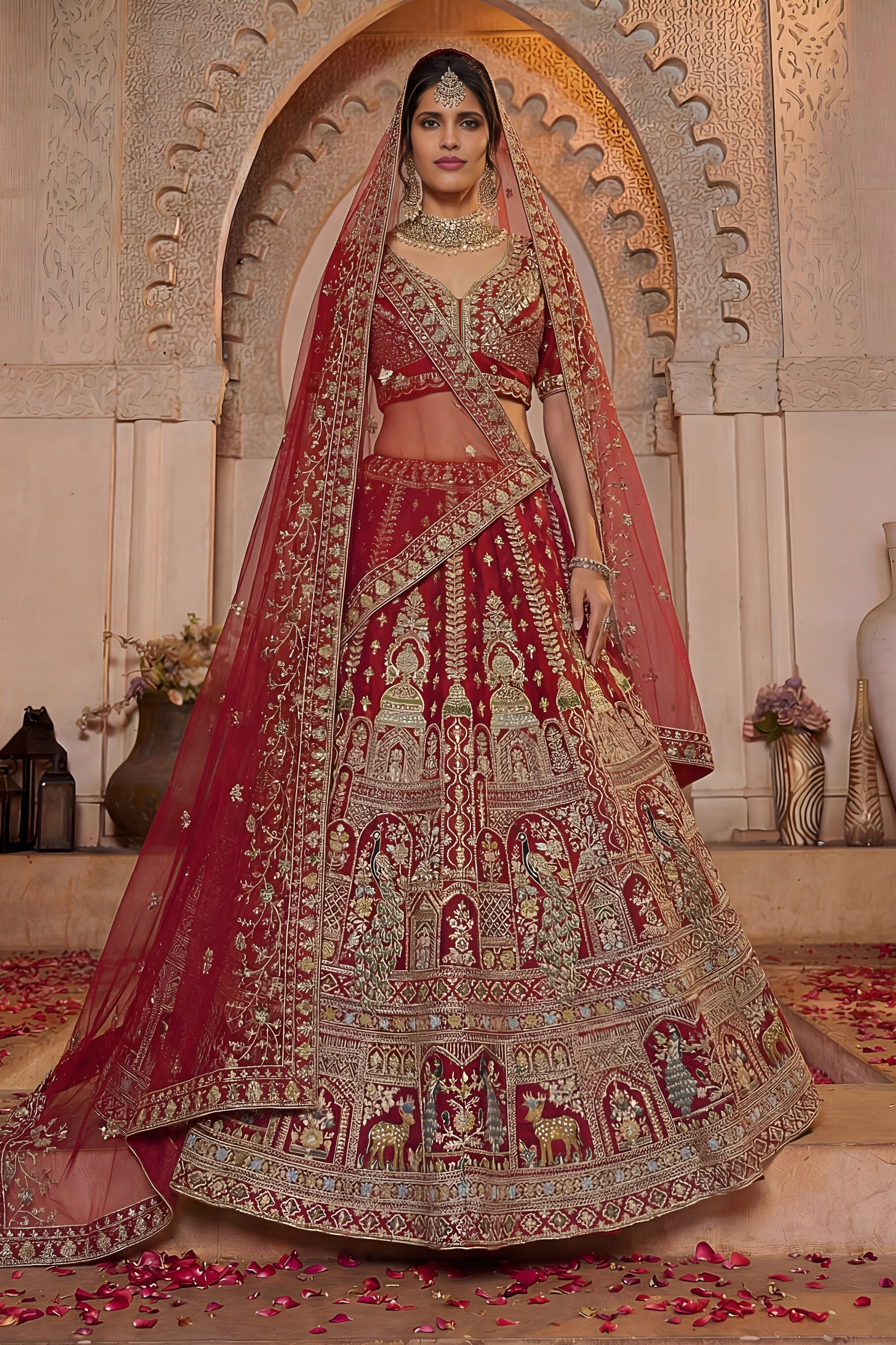 Luxury Red Silk Bridal Lehenga Choli with Heavy Zari Embroidery and Ne –  Mangaldeep NX