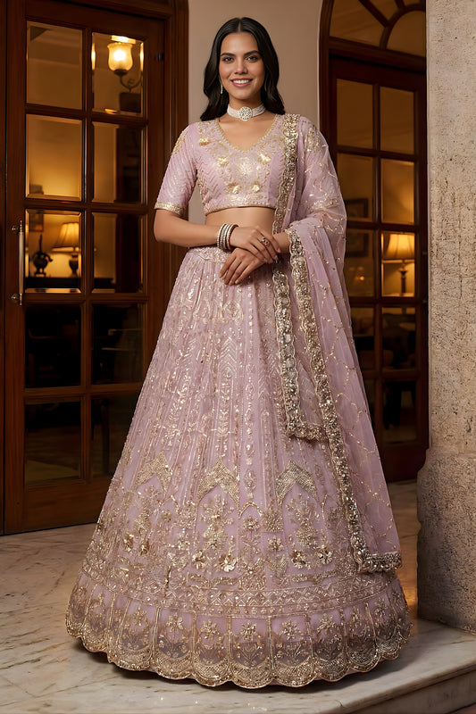 Amazing Lavender Embroidered Wedding Wear Lehenga Choli with Net Dupatta