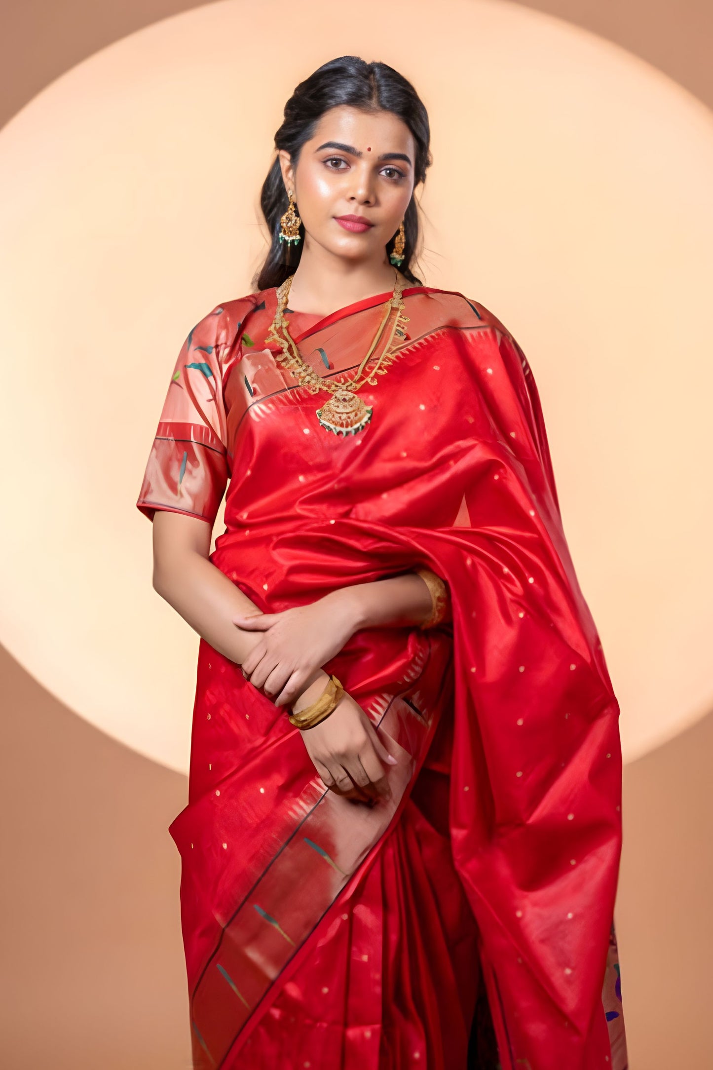 Red Paithani Silk Saree with Golden Zari Border Designer Pallu