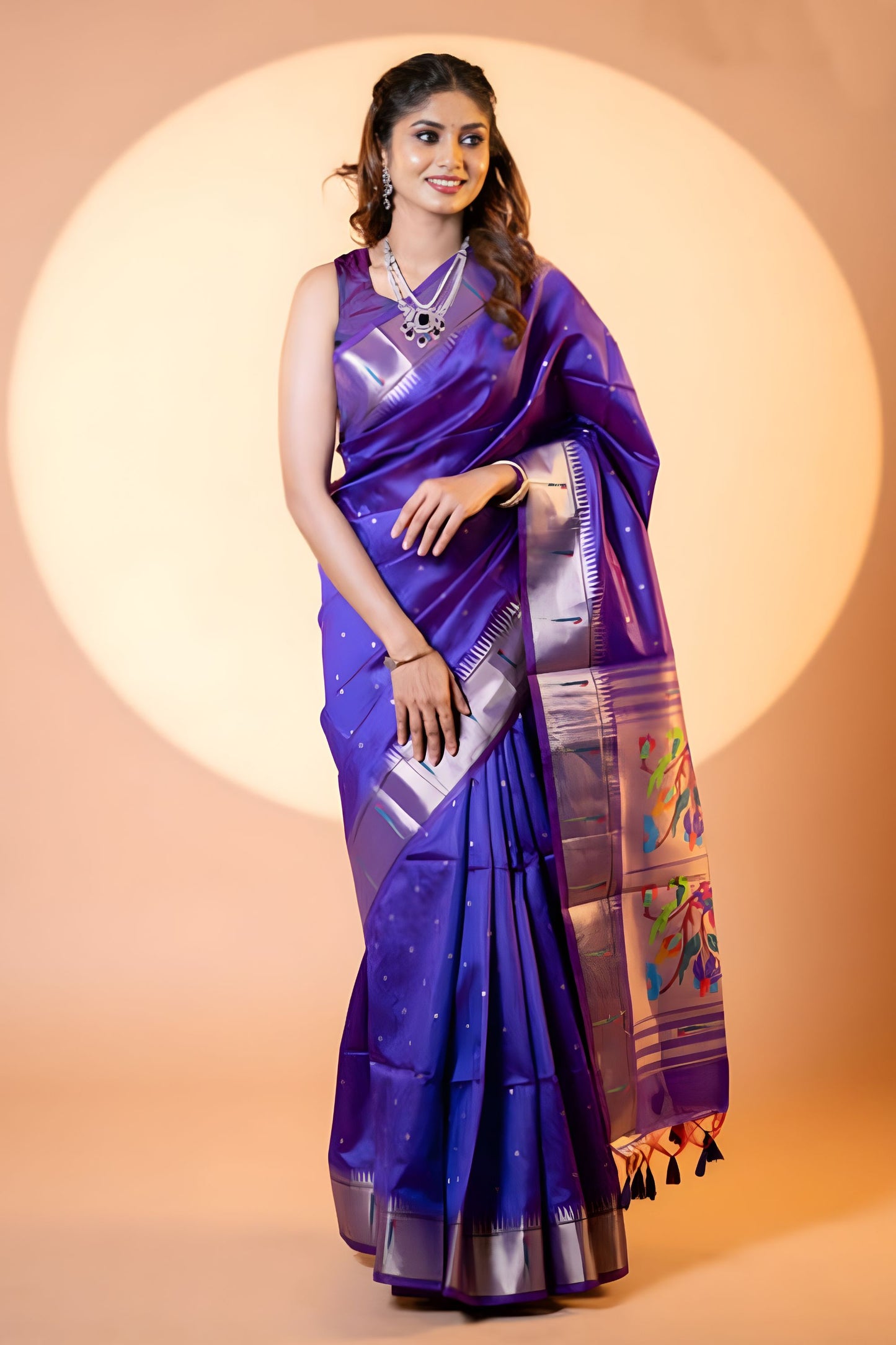 Royal Purple Paithani Silk Saree with Silver Zari Border Designer Pallu