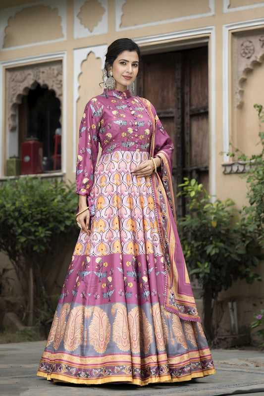 Traditional Purple Digital Printed Dola Silk Lehenga Choli with Designer Dupatta for Women