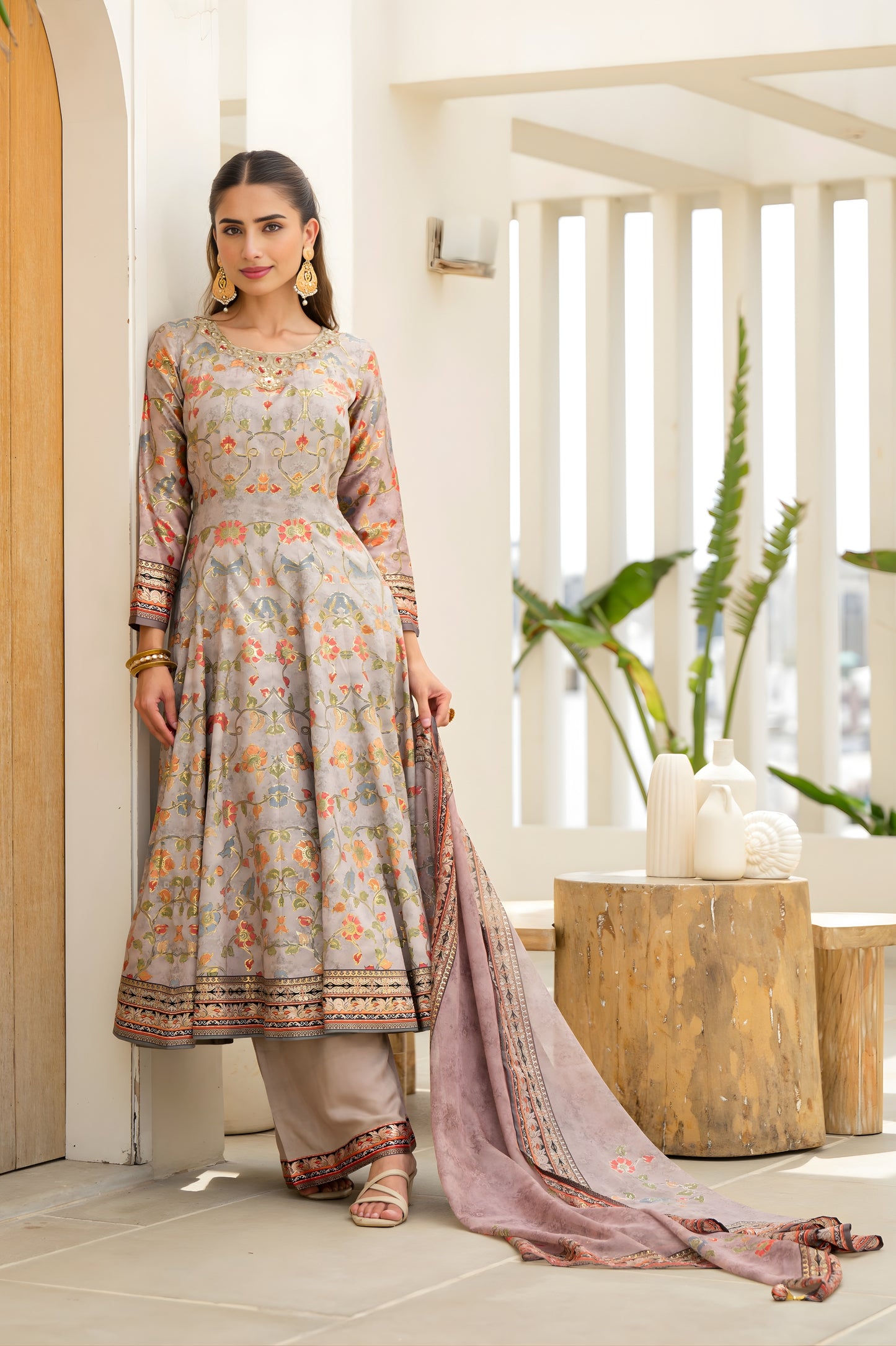 Stylish Grey Floral Digital Printed Silk Satin Readymade Salwar Suit with Dupatta for Women