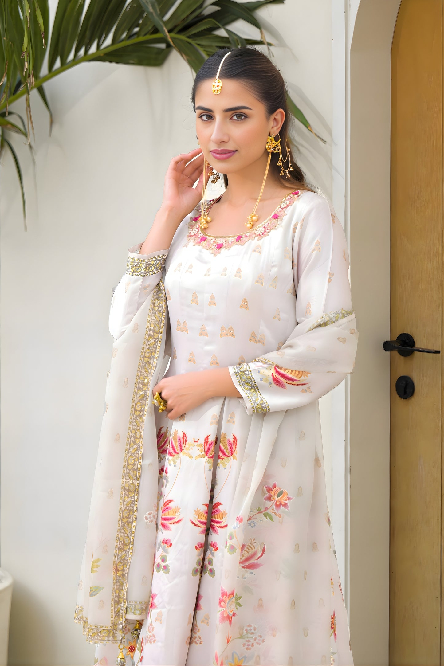 Trendy Off White Floral Digital Printed Silk Satin Readymade Salwar Suit with Dupatta for Women