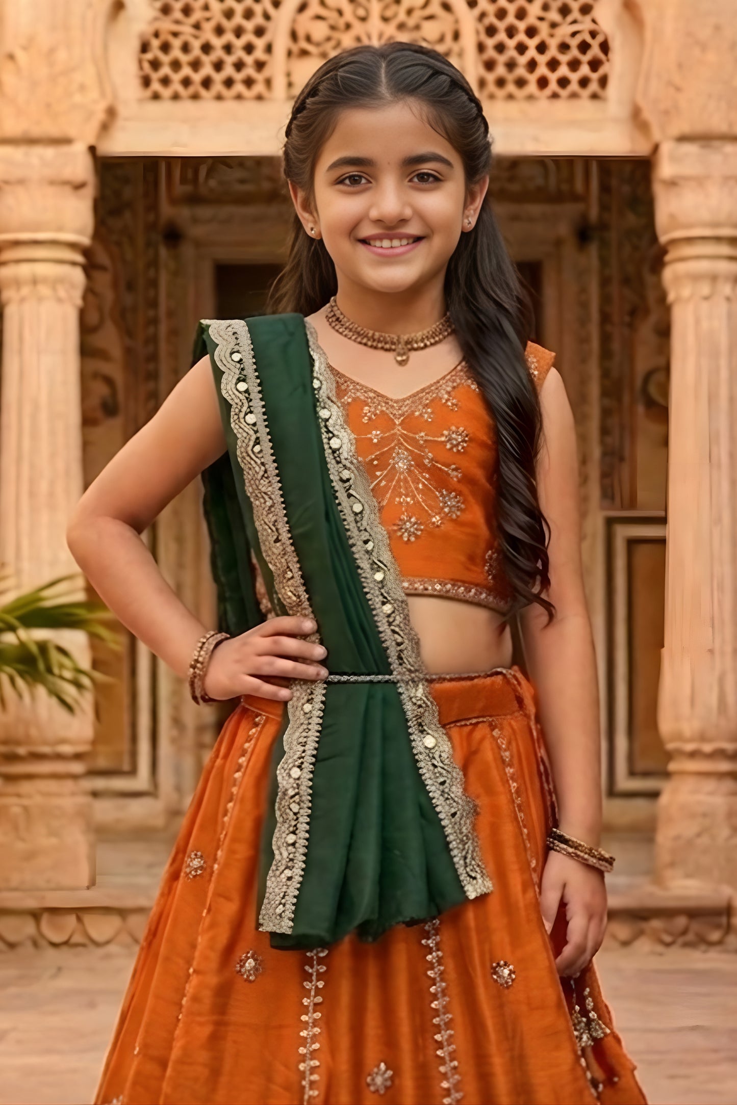Festive Orange Peacock Embroidered Vichitra Silk Girls Lehenga Choli with Dupatta