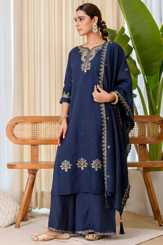 Wonderful Navy Blue Silk Embroidered Palazzo Suit Set for Women – Festive & Party Wear