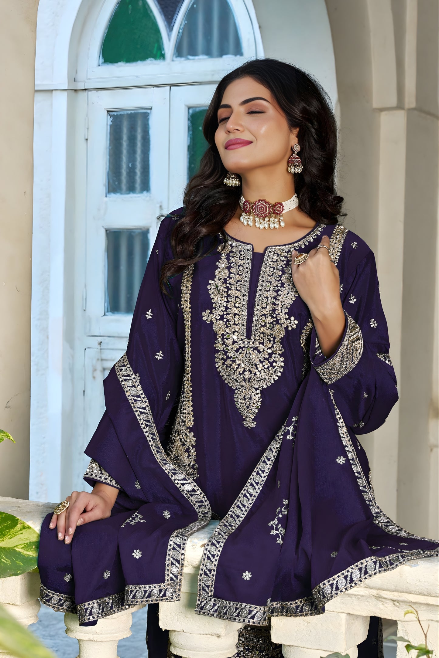 Stylish Purple Chinon Heavy Embroidered Pakistani Palazzo Suit Set with Designer Dupatta