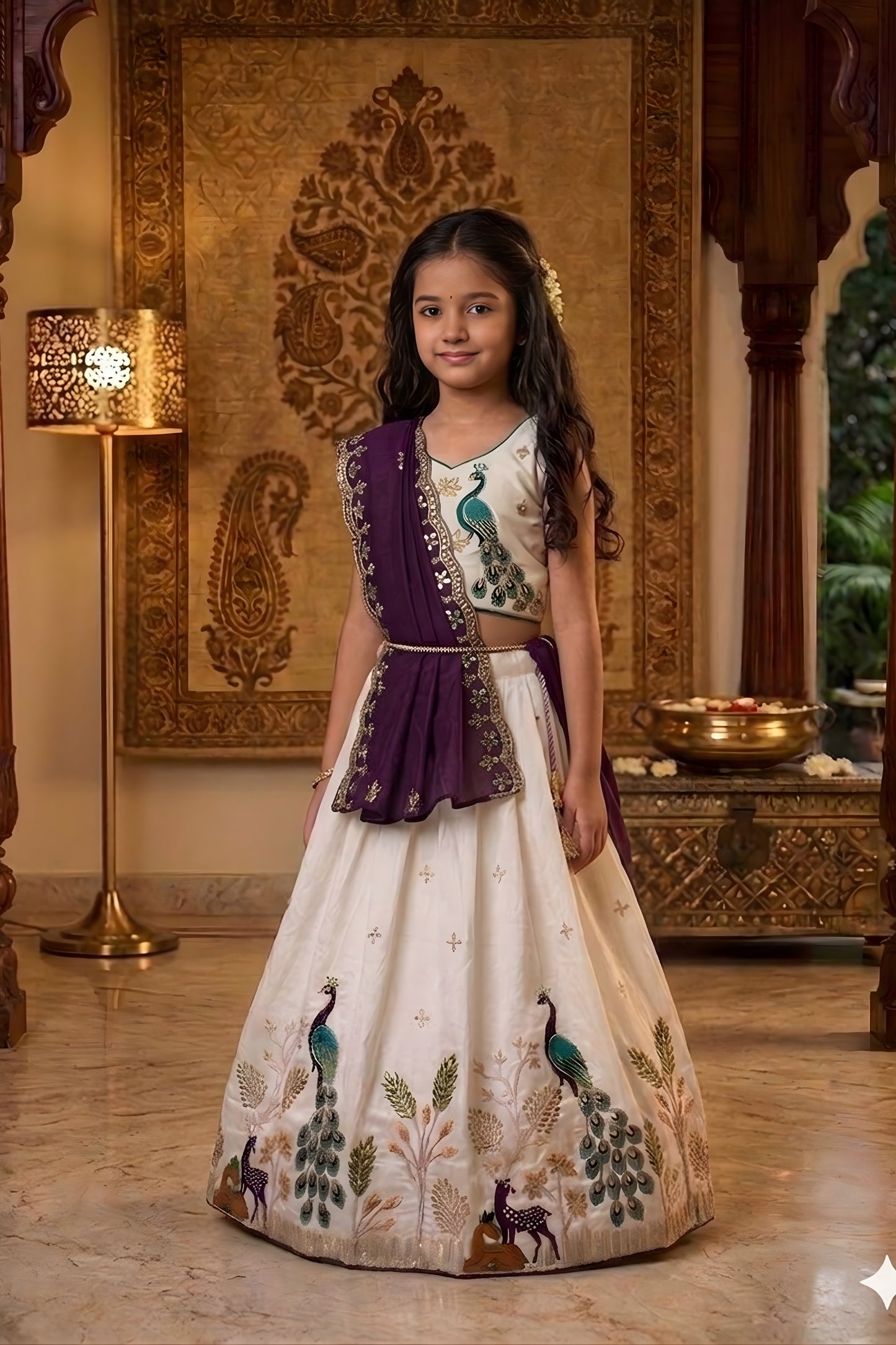 Premium Off White Peacock Embroidered Lehenga Choli for Girls with Purple Dupatta